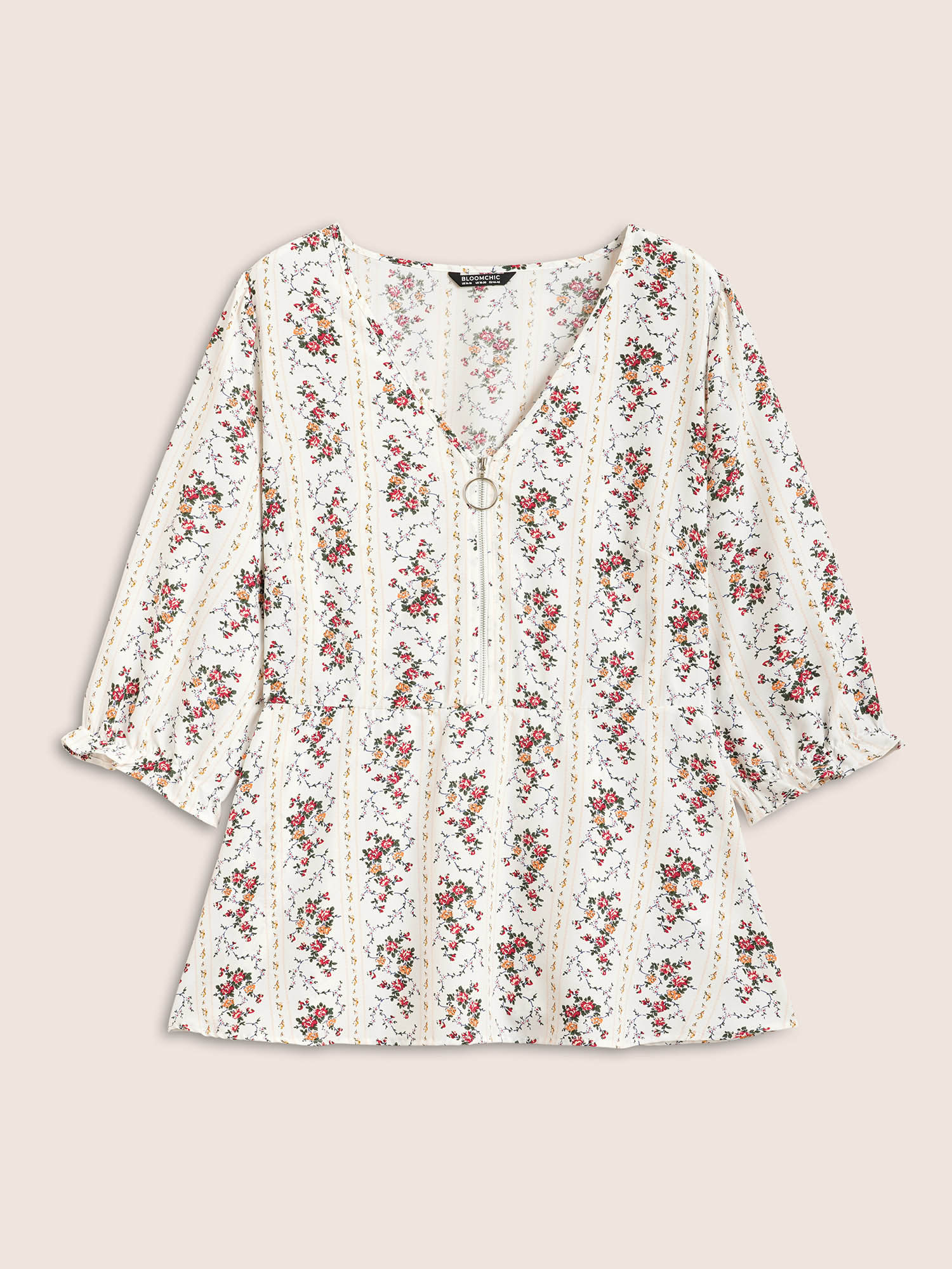 Plus Size Originalwhite Boho Print O Ring Zipper Lantern Sleeve Blouse Women Elegant Elbow-length sleeve V-neck Everyday Blouses BloomChic 10/M 
