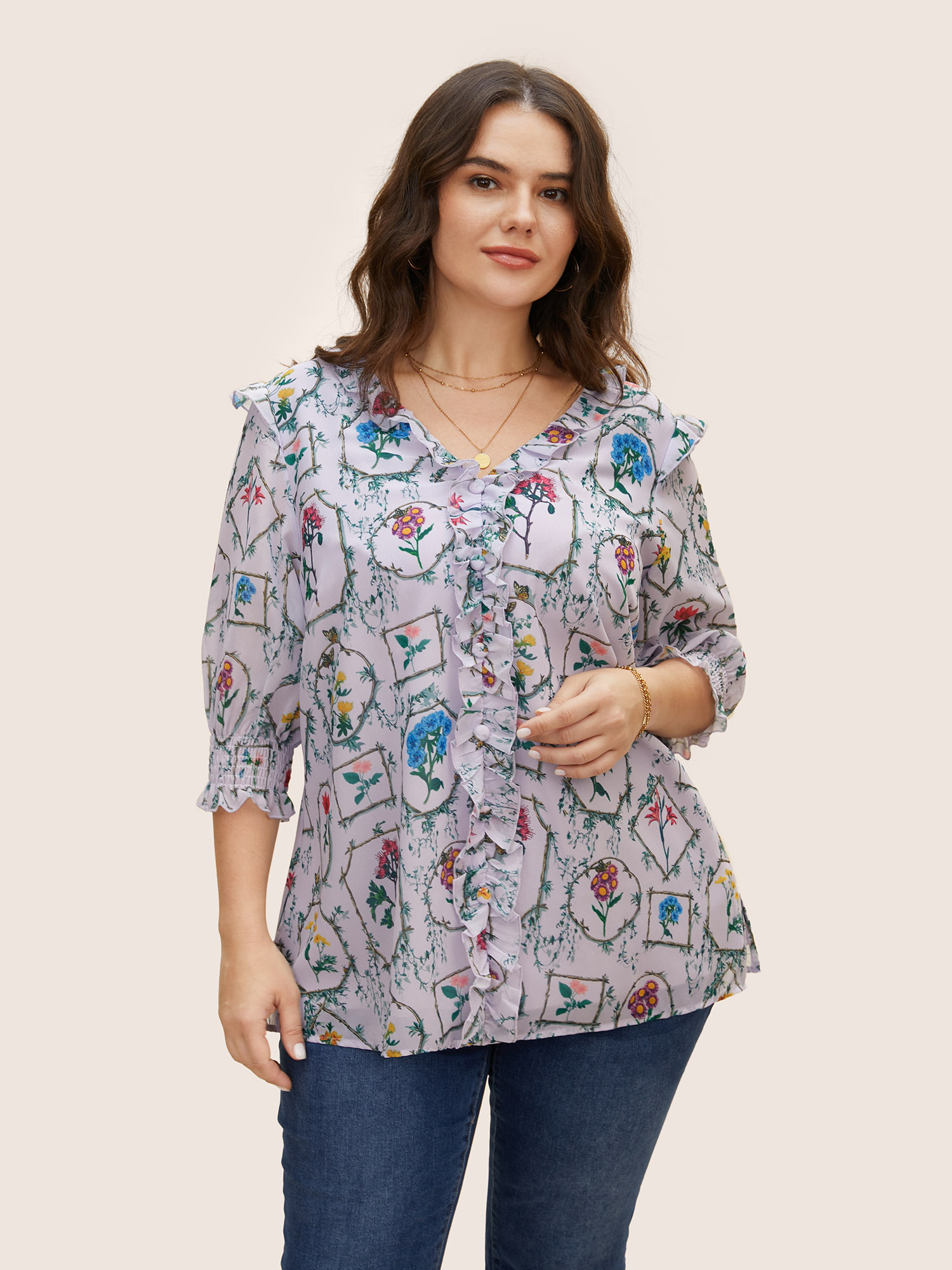 

Plus Size Lavender Boho Print Lantern Sleeve Ruffle Trim Blouse Women Elegant Elbow-length sleeve V-neck Everyday Blouses BloomChic