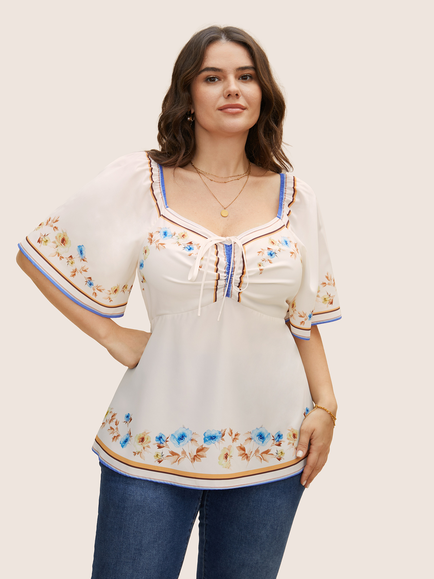 

Plus Size Multicolor Heart Neckline Boho Print Drawstring Blouse Women Elegant Short sleeve Heart neckline Everyday Blouses BloomChic