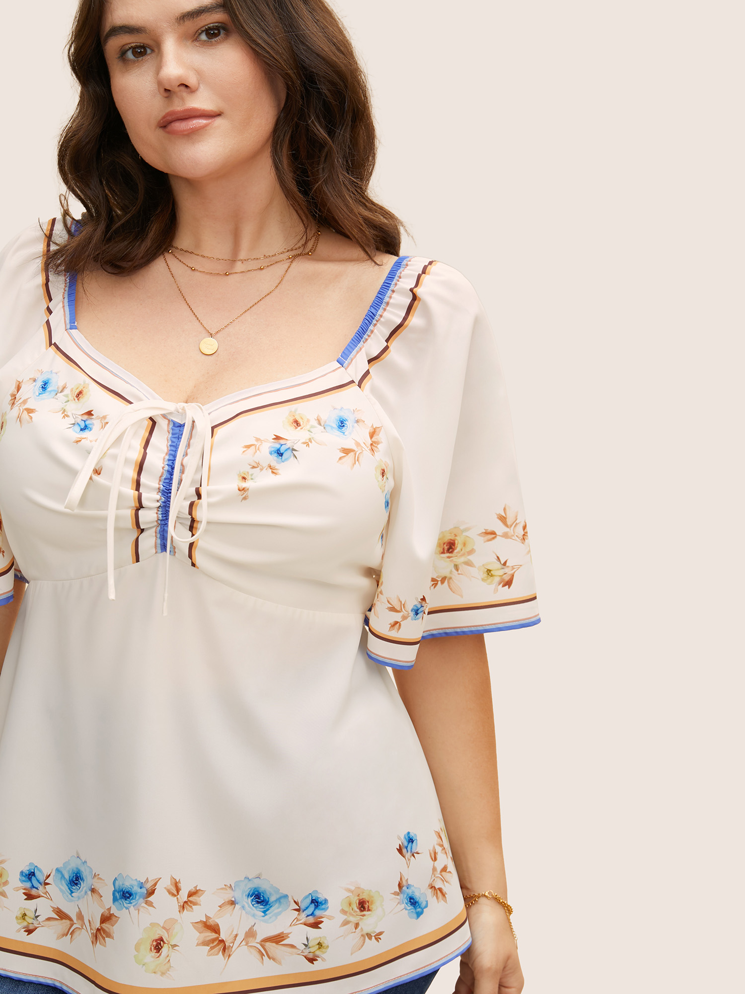 Plus Size Multicolor Heart Neckline Boho Print Drawstring Blouse Women Elegant Short sleeve Heart neckline Everyday Blouses BloomChic 26/4X 