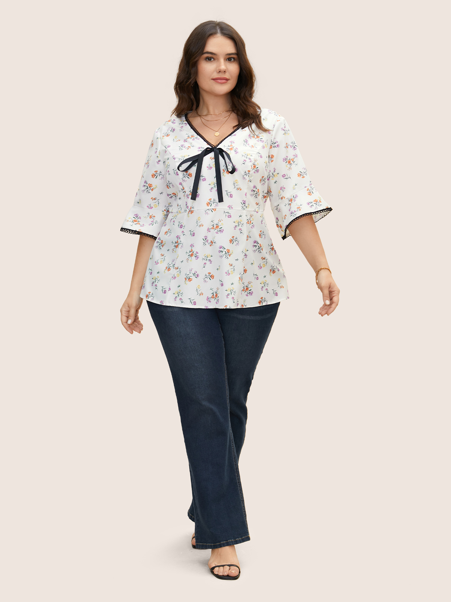 Plus Size Multicolor Floral Print Bowknot Bell Sleeve Blouse Women Elegant Half Sleeve V-neck Everyday Blouses BloomChic 18-20/2X 