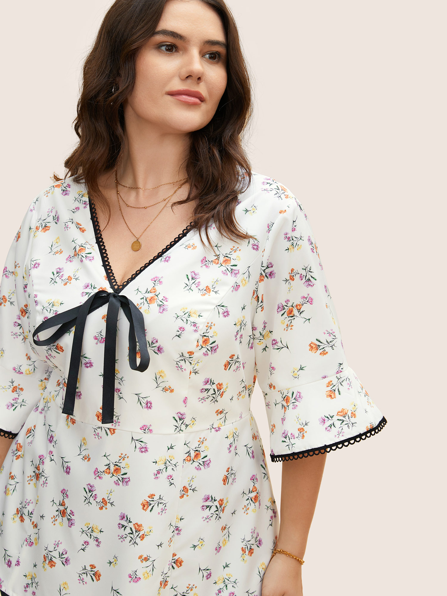 Plus Size Multicolor Floral Print Bowknot Bell Sleeve Blouse Women Elegant Half Sleeve V-neck Everyday Blouses BloomChic 18-20/2X 