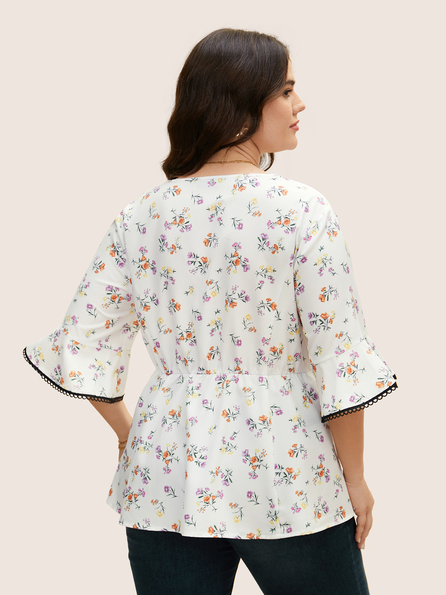 Plus Size Multicolor Floral Print Bowknot Bell Sleeve Blouse Women Elegant Half Sleeve V-neck Everyday Blouses BloomChic 18-20/2X 
