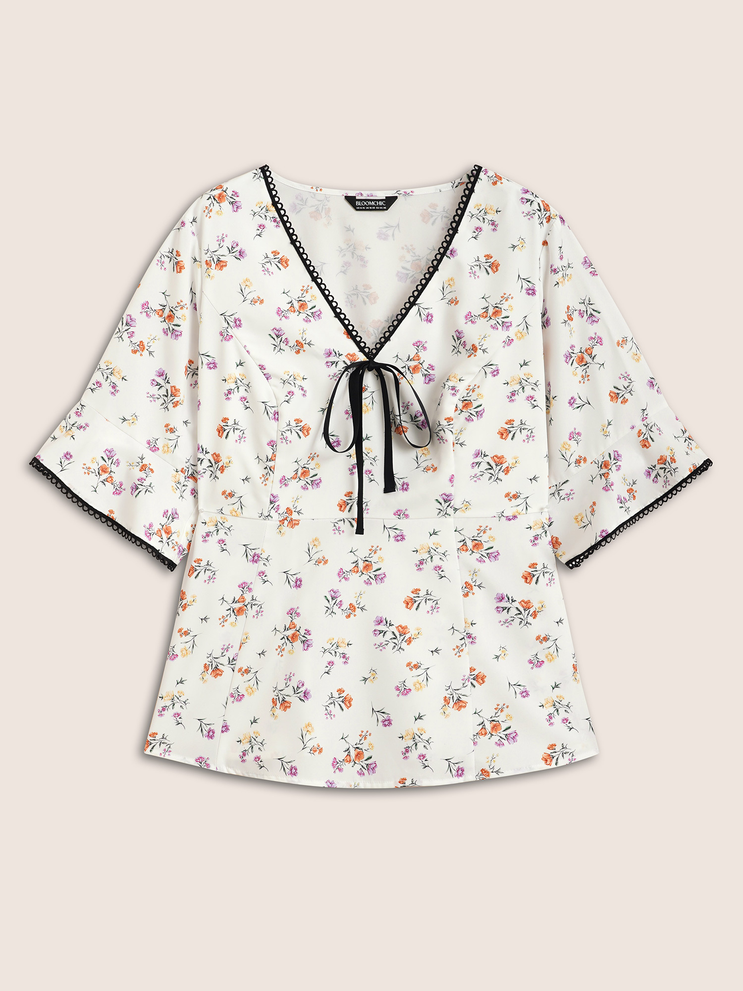 Plus Size Multicolor Floral Print Bowknot Bell Sleeve Blouse Women Elegant Half Sleeve V-neck Everyday Blouses BloomChic 18-20/2X 