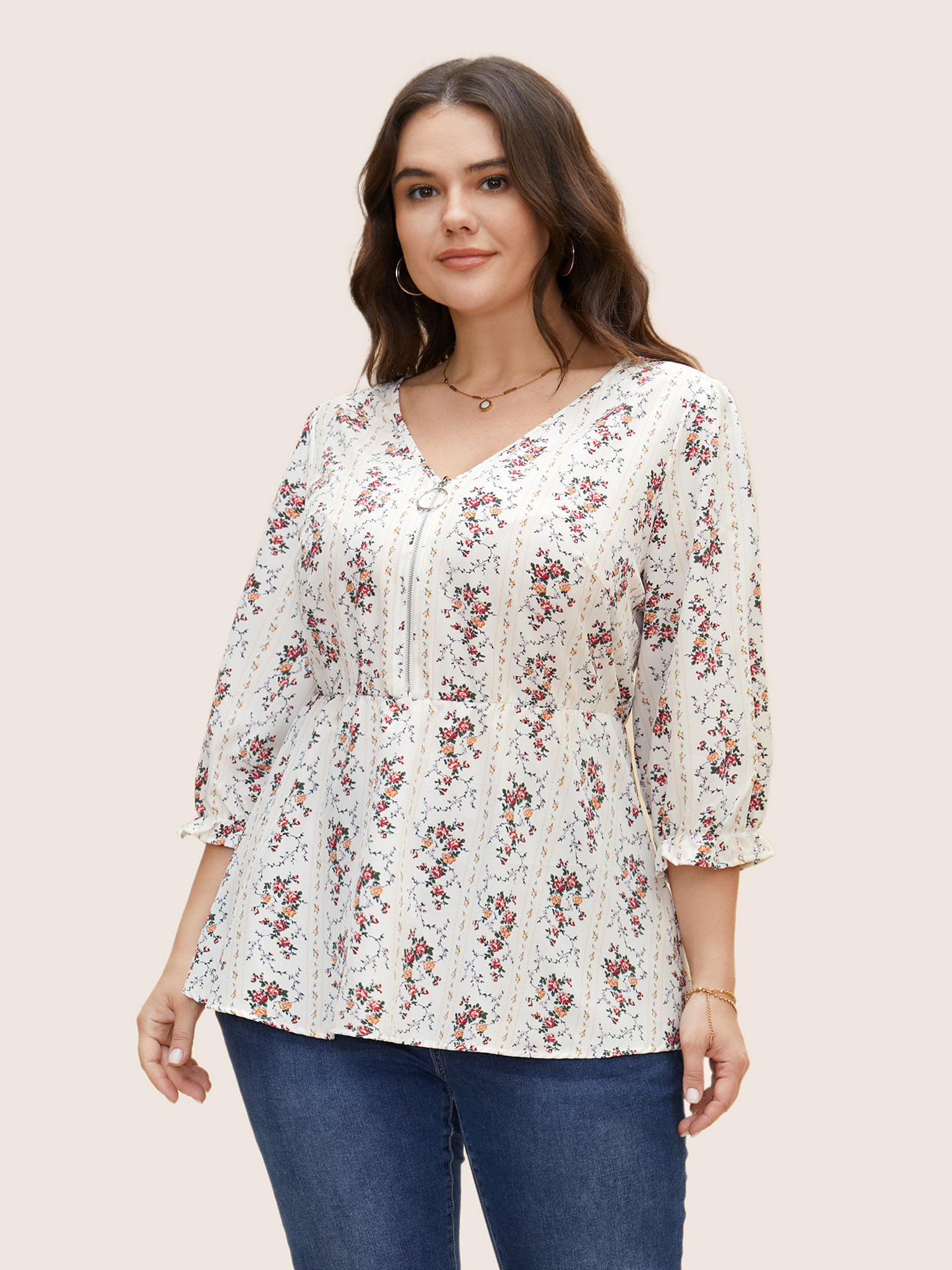 Plus Size Originalwhite Boho Print O Ring Zipper Lantern Sleeve Blouse Women Elegant Elbow-length sleeve V-neck Everyday Blouses BloomChic 10/M 
