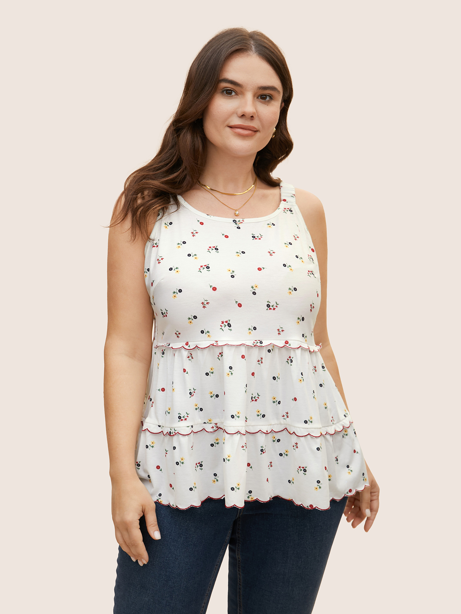 

Plus Size Ditsy Floral Tiered Hem Scalloped Trim Cami Top Women Originalwhite Elegant Contrast Non Everyday Tank Tops Camis BloomChic