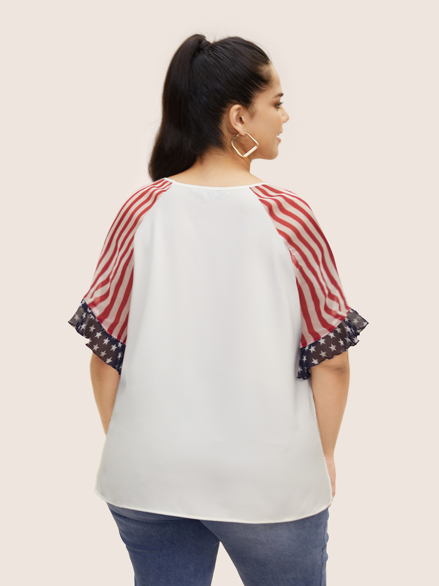 

Plus Size Multicolor Star & Striped Ruffles Raglan Sleeve Blouse Women Casual Short sleeve V-neck Everyday Blouses BloomChic