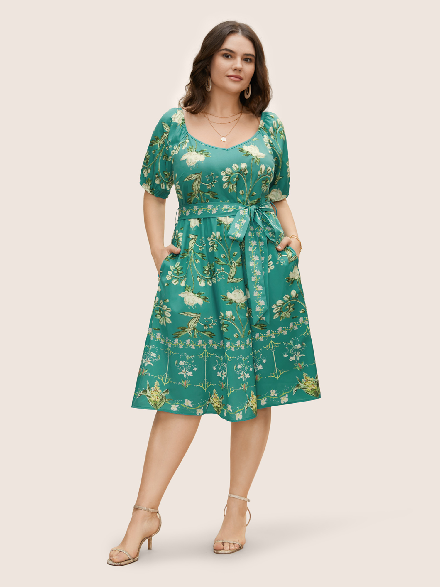 

Plus Size Heart Neckline Boho Print Raglan Sleeve Dress Emerald Women Gathered Heart neckline Short sleeve Curvy BloomChic