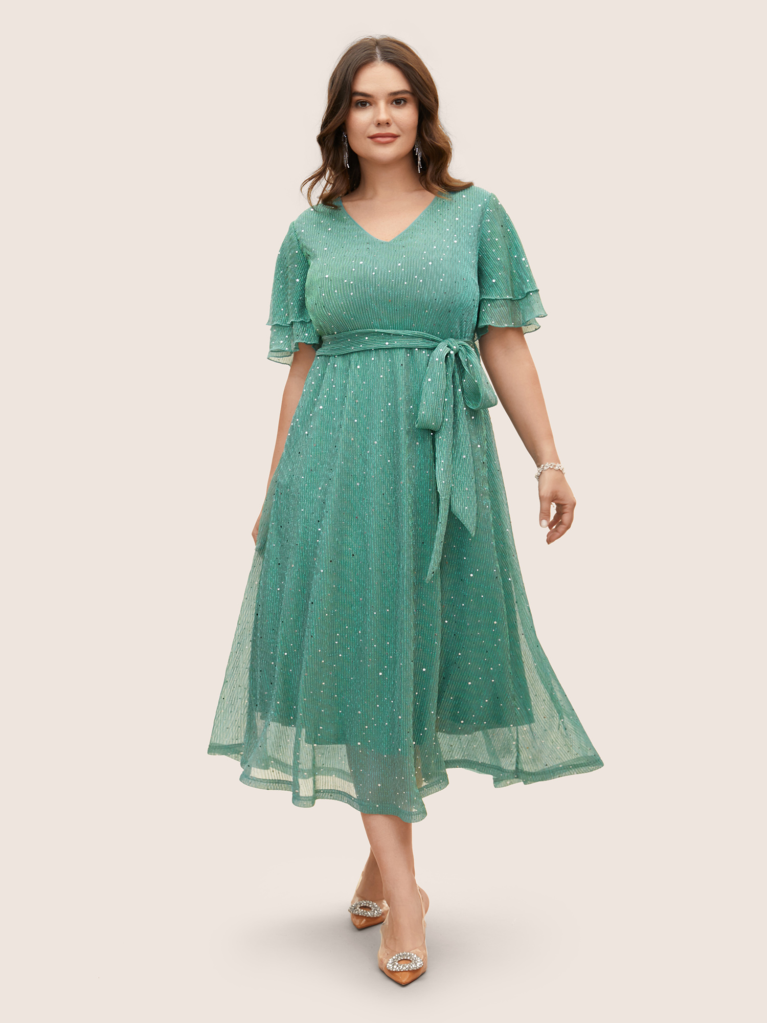 

Plus Size Plain V Neck Mesh Pocket Ruffle Tiered Belted Midi Dress Teal Women Ruffles V-neck Short sleeve Curvy Midi Dress BloomChic