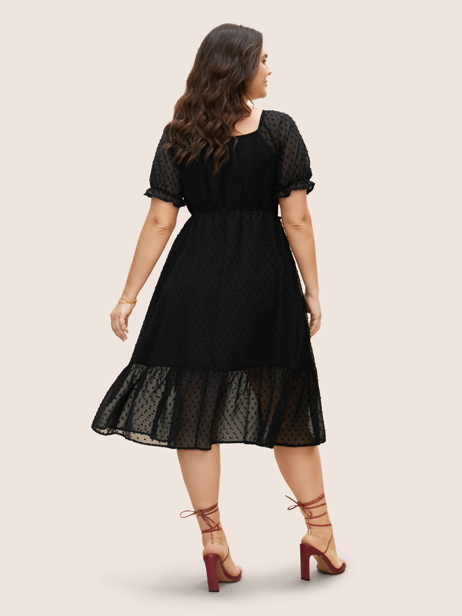 

Plus Size Polka Dot Textured Mesh Shirred Drawstring Dress Black Women Texture V-neck Short sleeve Curvy BloomChic