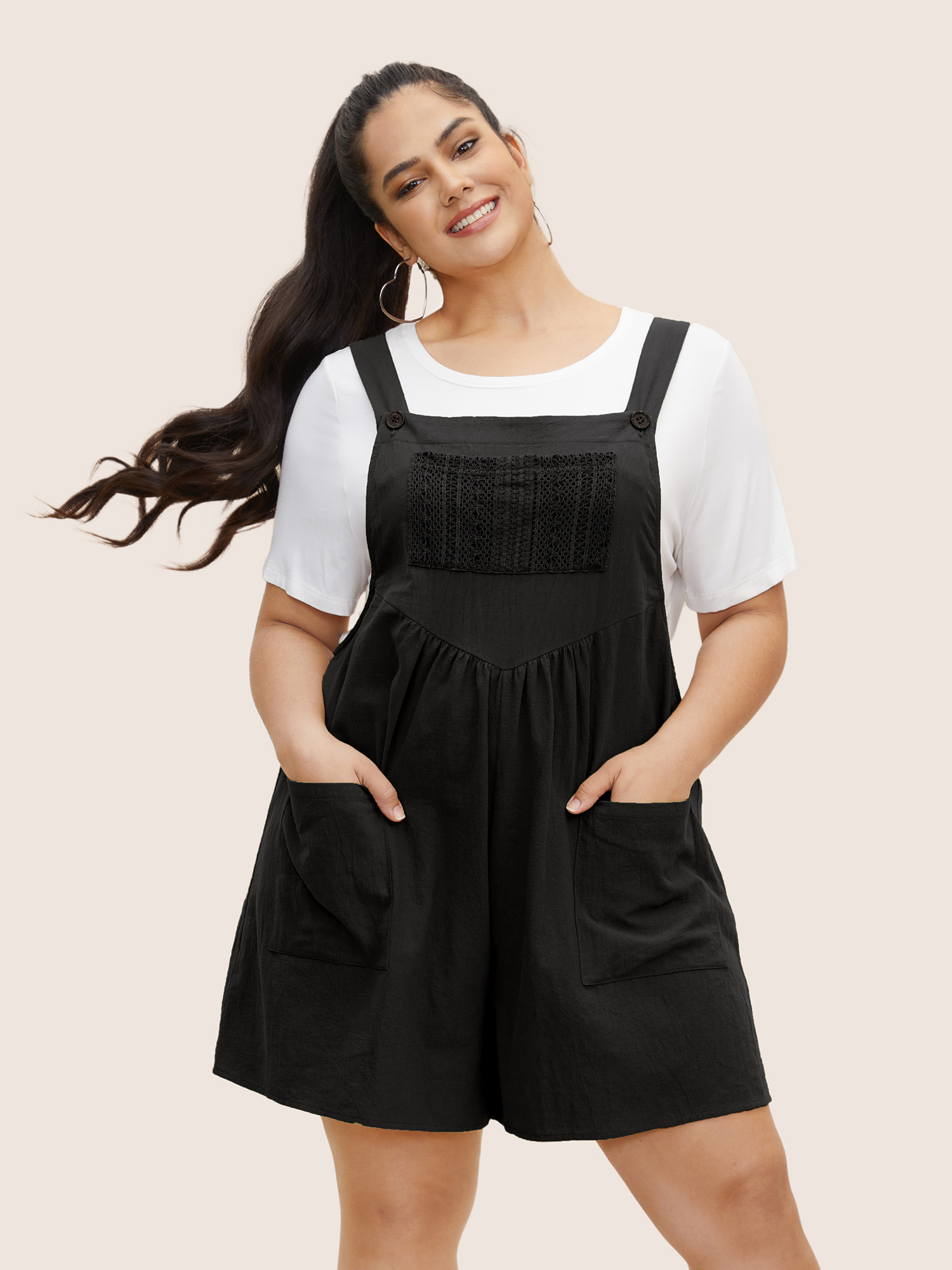 

Plus Size Black Cotton Plain Textured Patch Pocket Jumpsuit Women Casual Sleeveless Square Neck Everyday Loose Jumpsuits BloomChic