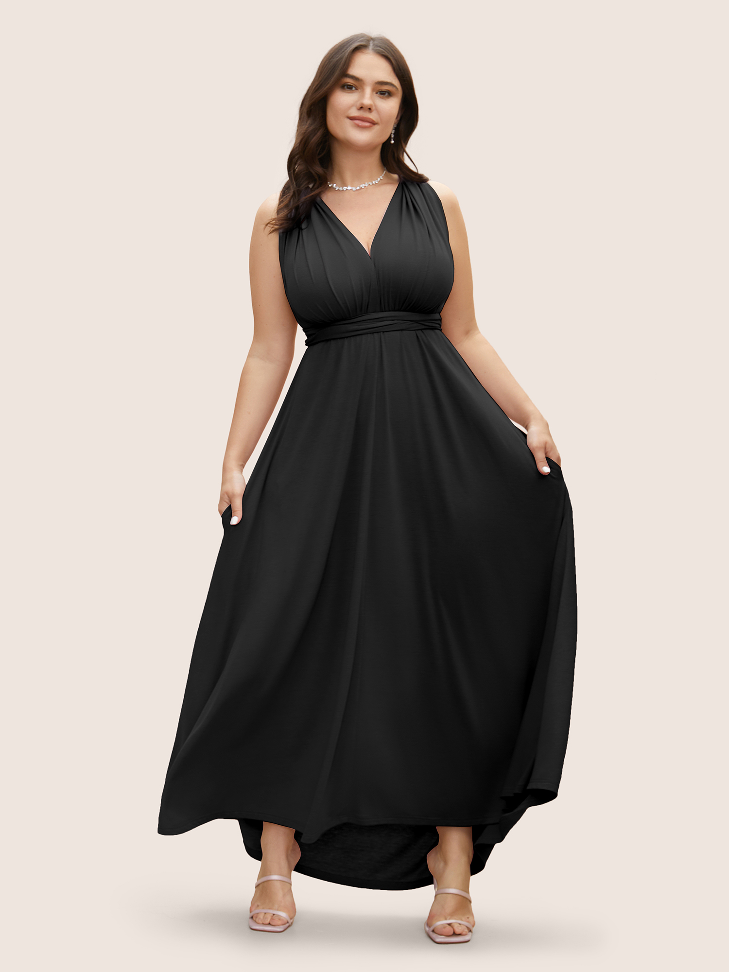 

Plus Size Everywhere Dress - Monochromatic Wrap Dress Black Women Belted V-neck Sleeveless Curvy BloomChic