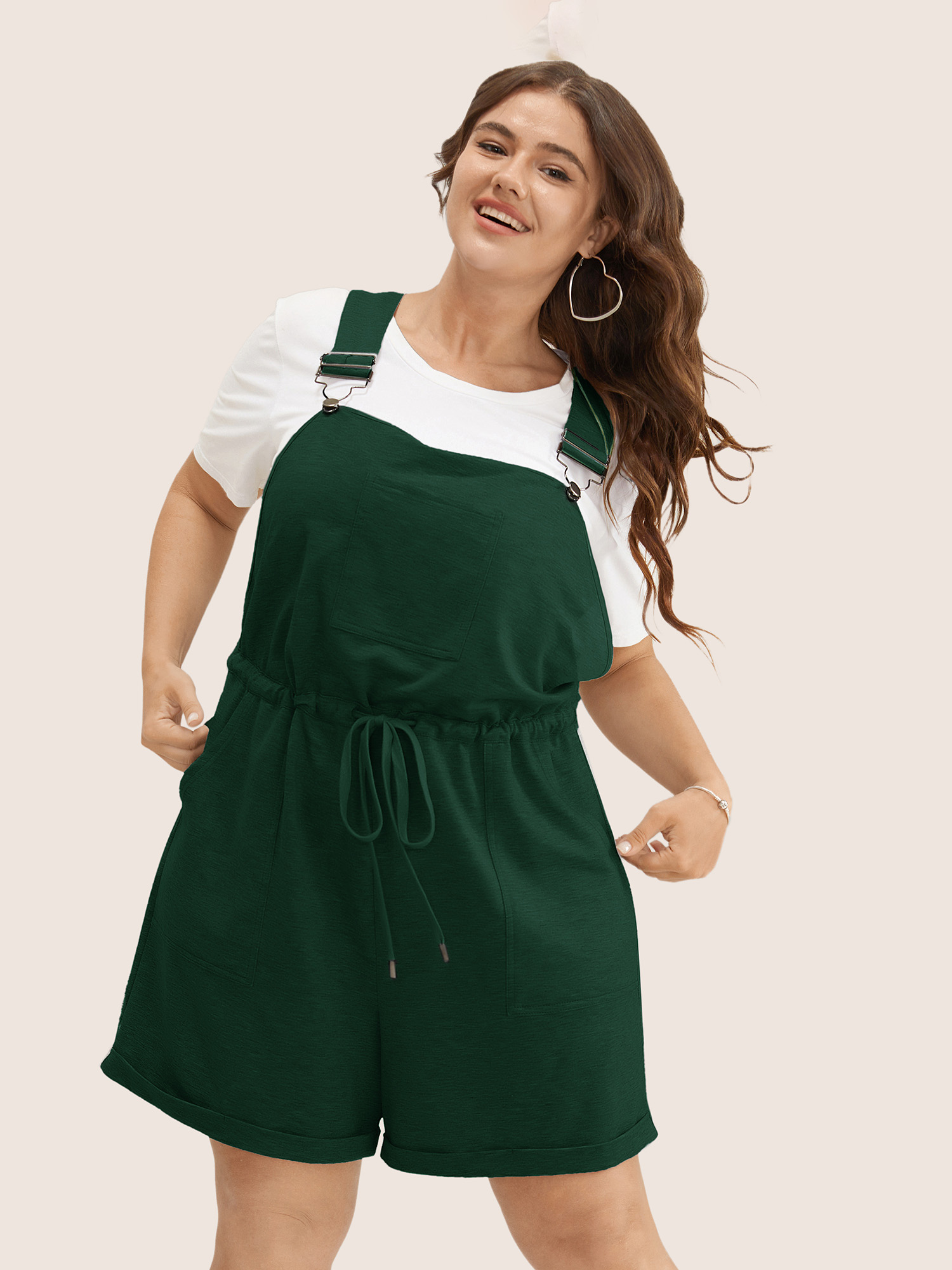 

Plus Size DarkGreen Solid Pocket Drawstring Overall Romper Women Casual Sleeveless Non Everyday Loose Jumpsuits BloomChic