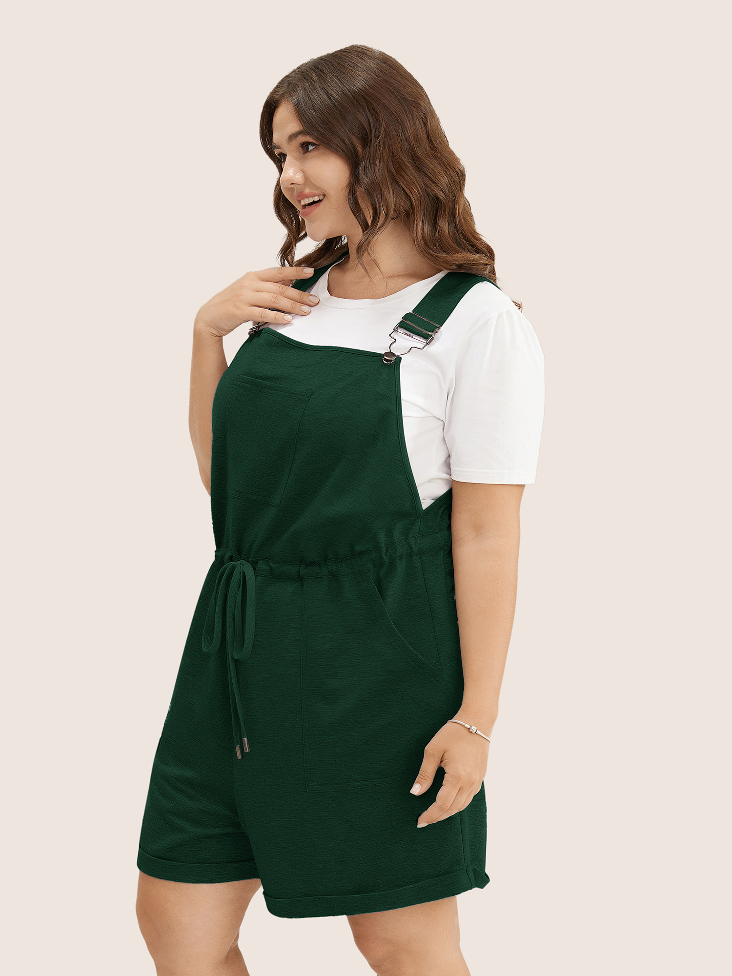 Plus Size DarkGreen Solid Pocket Drawstring Overall Romper Women Casual Sleeveless Non Everyday Loose Jumpsuits BloomChic 18-20/2X 