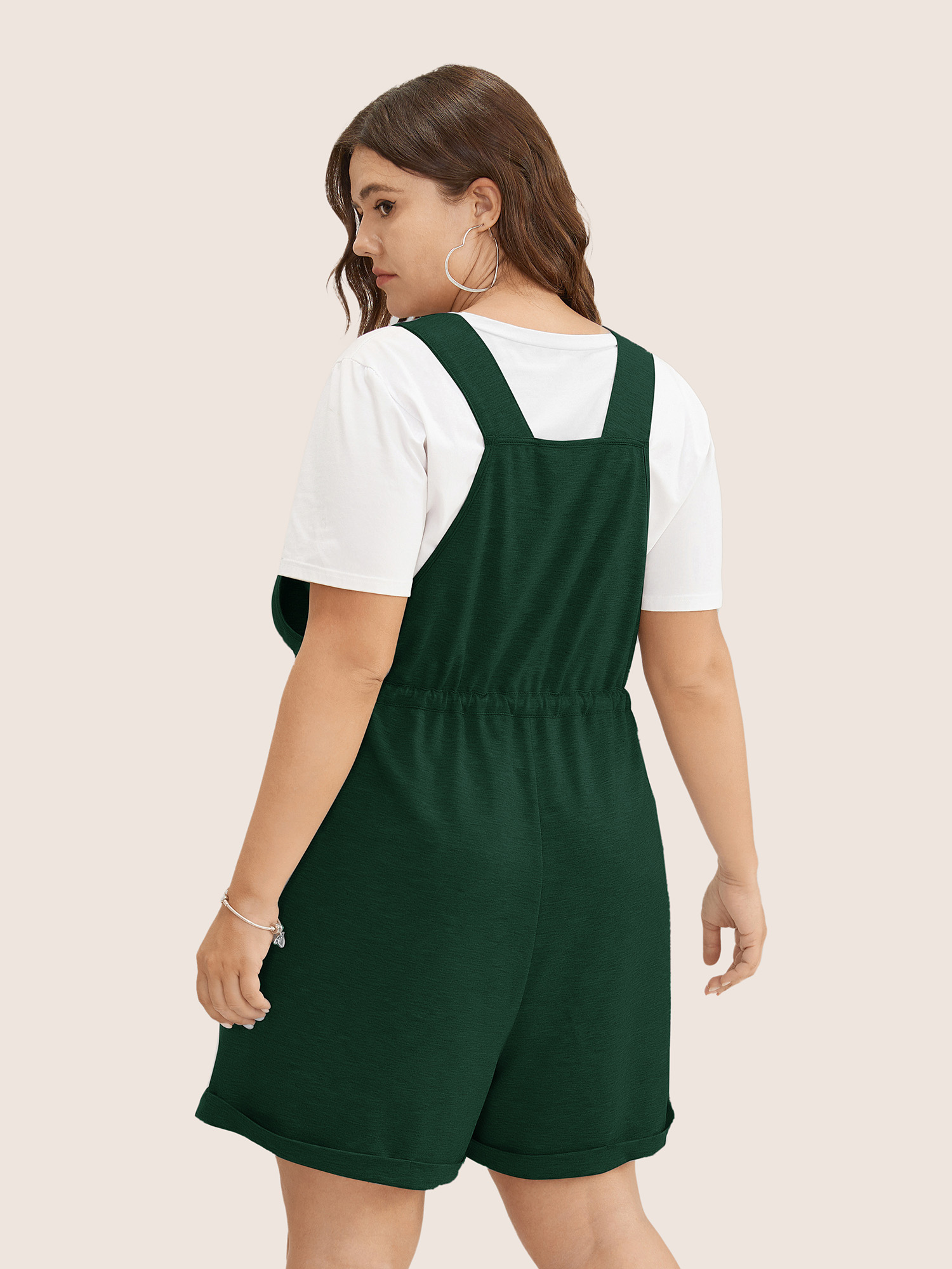 

Plus Size DarkGreen Solid Pocket Drawstring Overall Romper Women Casual Sleeveless Non Everyday Loose Jumpsuits BloomChic