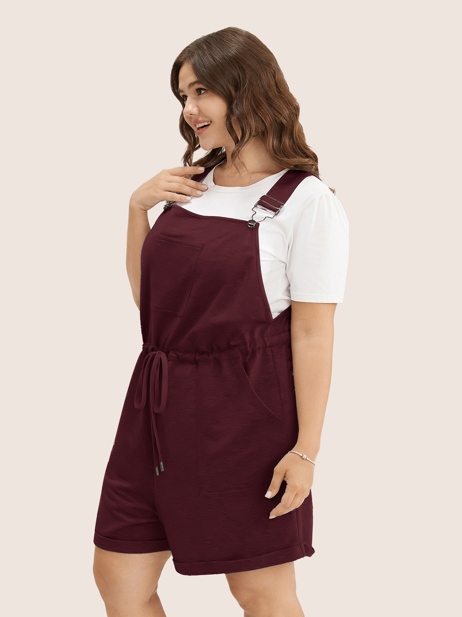 

Plus Size Deepred Solid Pocket Drawstring Overall Romper Women Casual Sleeveless Non Everyday Loose Jumpsuits BloomChic