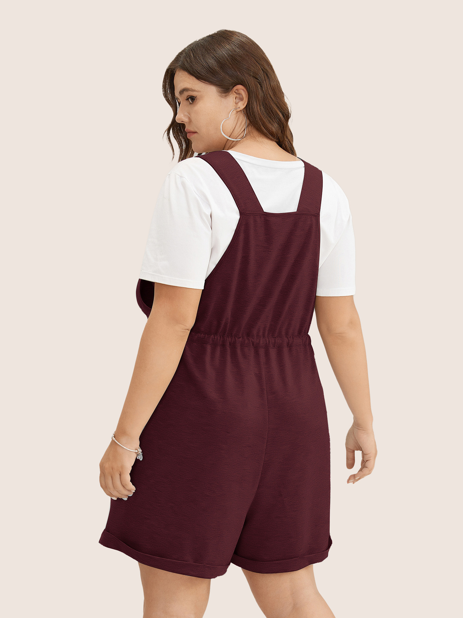 Plus Size Deepred Solid Pocket Drawstring Overall Romper Women Casual Sleeveless Non Everyday Loose Jumpsuits BloomChic 12/L 