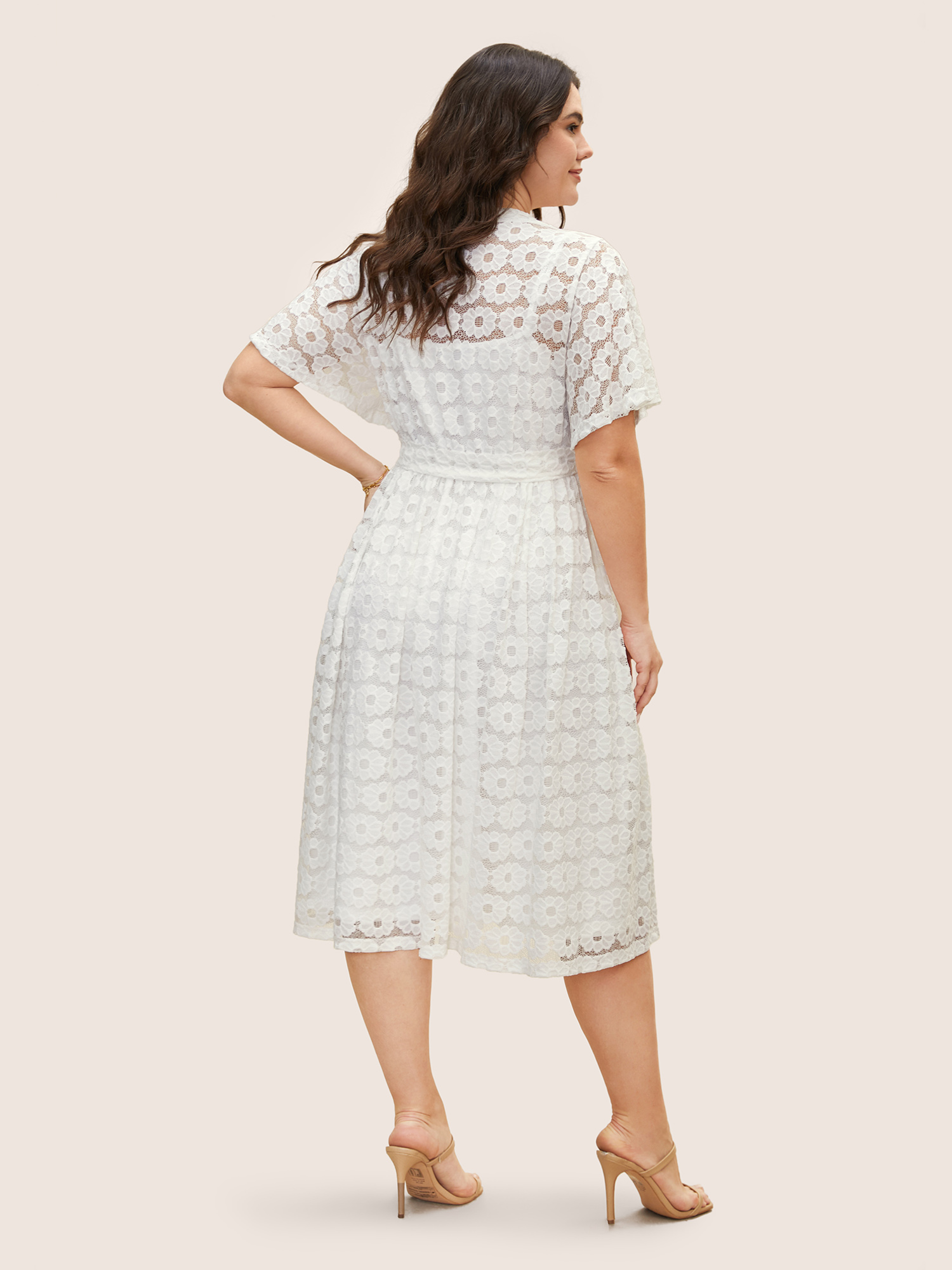

Plus Size Crochet Lace Mesh Belted Midi Dress Opticwhite Women Elegant V-neck Short sleeve Curvy BloomChic