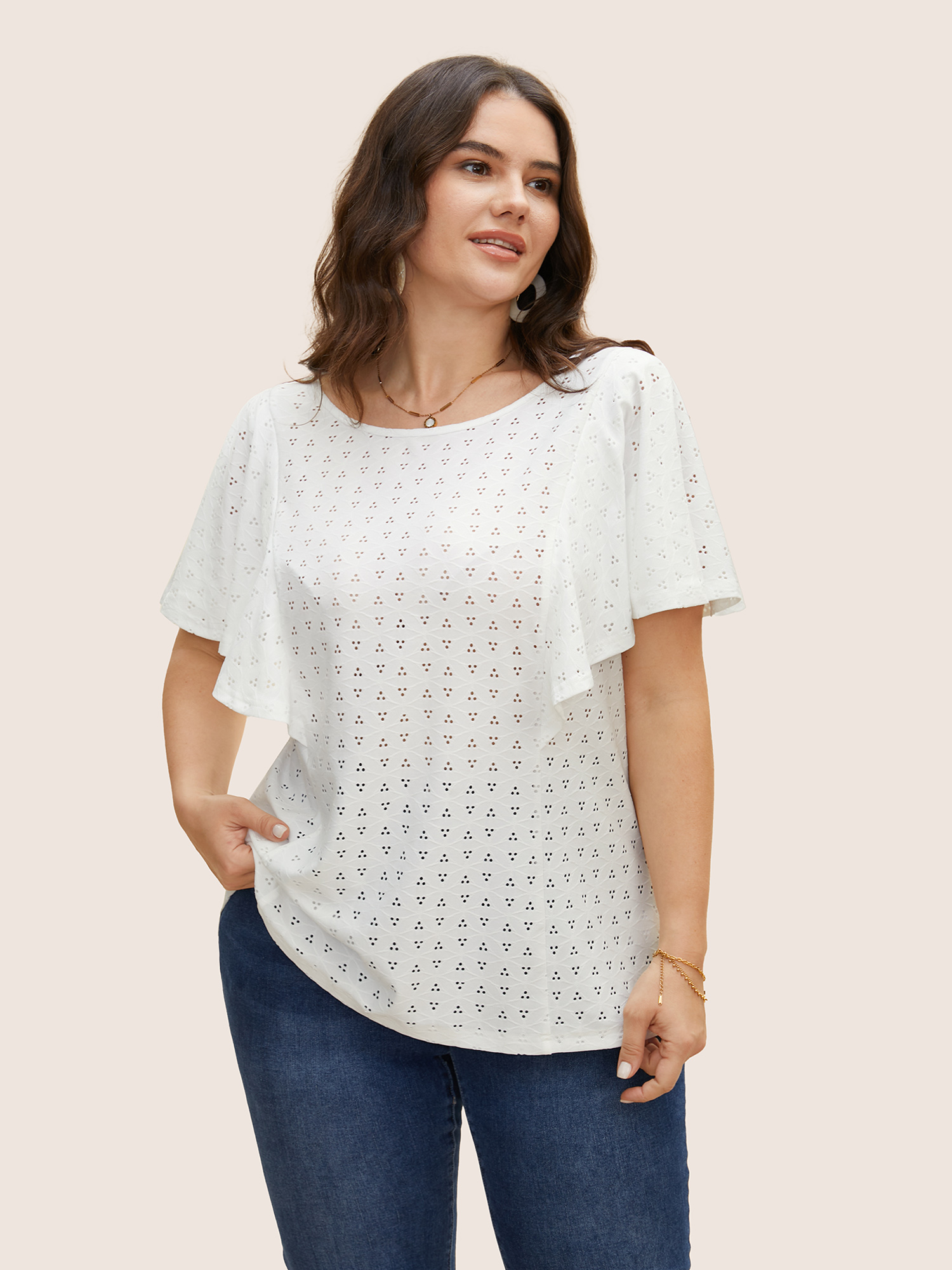 

Plus Size Round Neck Texture Cut Out Ruffle Sleeve T-shirt Originalwhite Women Elegant Texture Round Neck Everyday T-shirts BloomChic