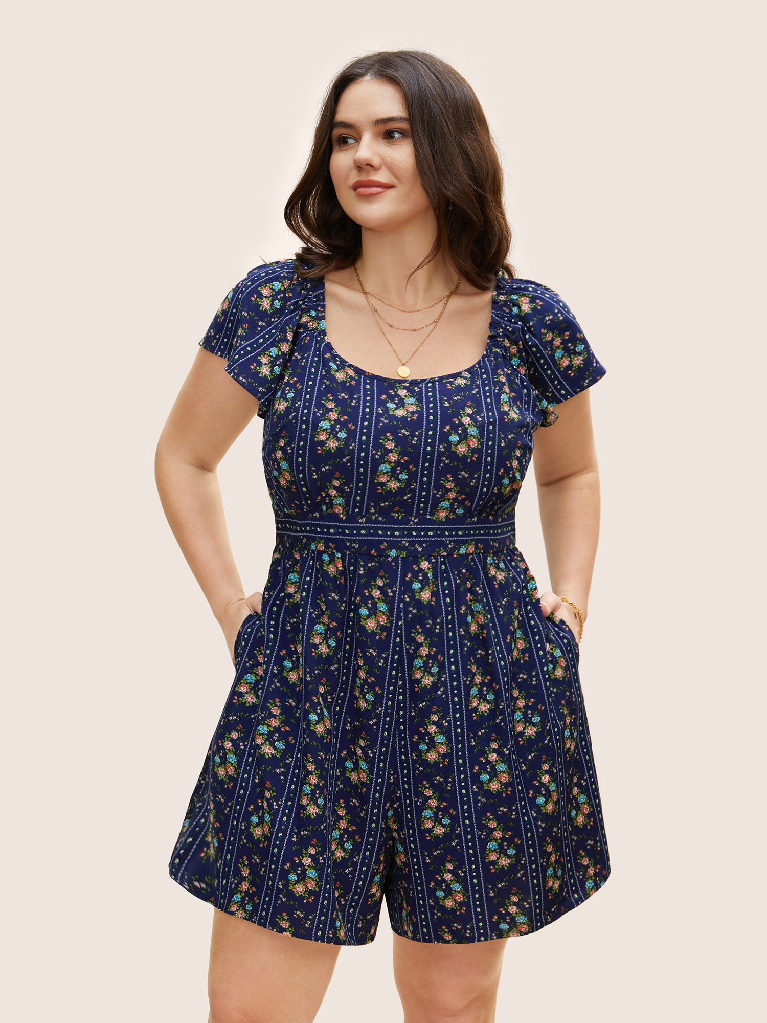 

Plus Size Floral Square Neck Frill Trim Gathered Romper Navy Side seam pocket Elegant Everyday  Rompers Bloomchic