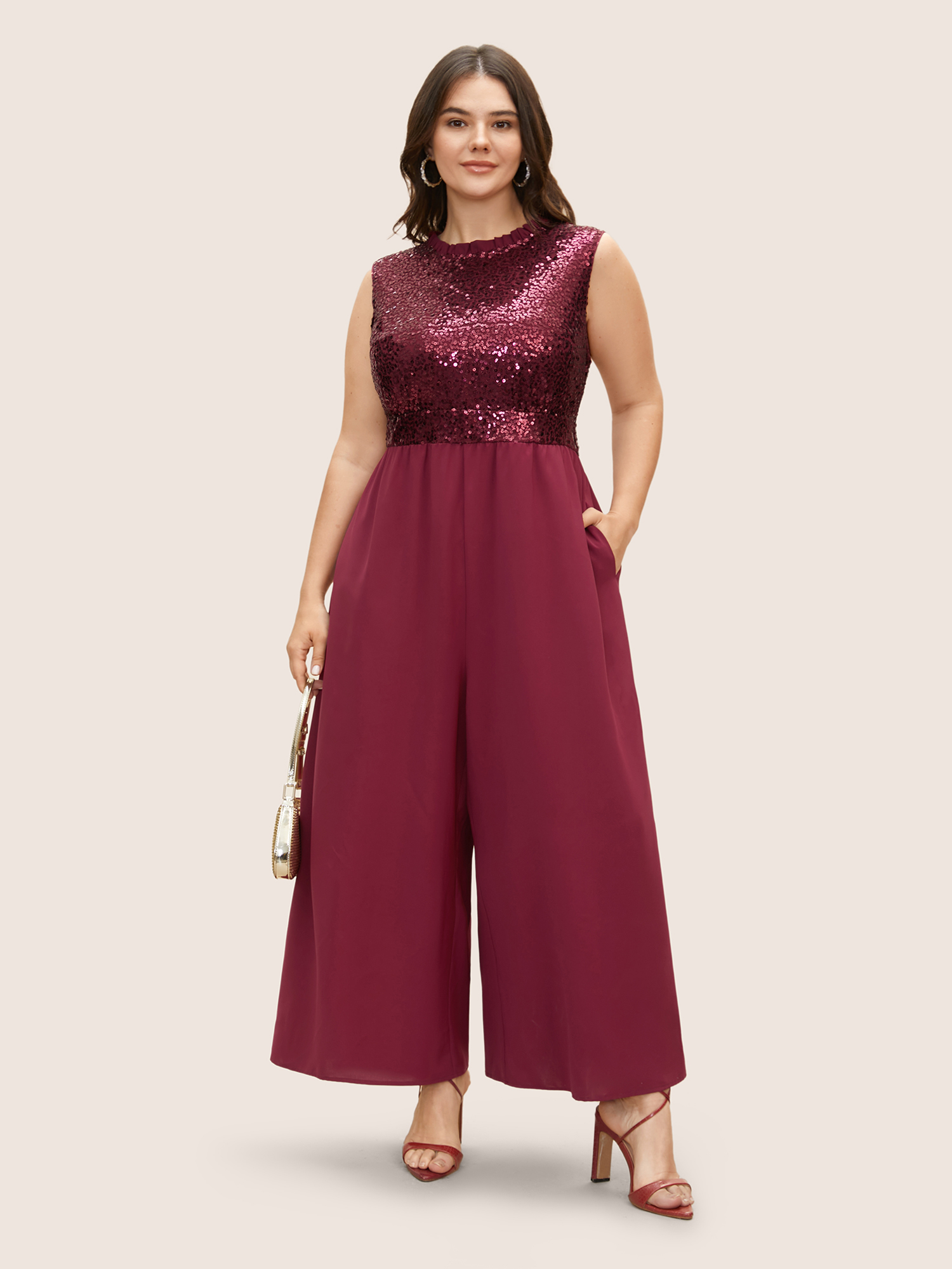 

Plus Size Burgundy Sequin Patchwork Mock Neck Sleeveless Jumpsuit Women Cocktail Sleeveless Mock Neck Party Loose Jumpsuits BloomChic