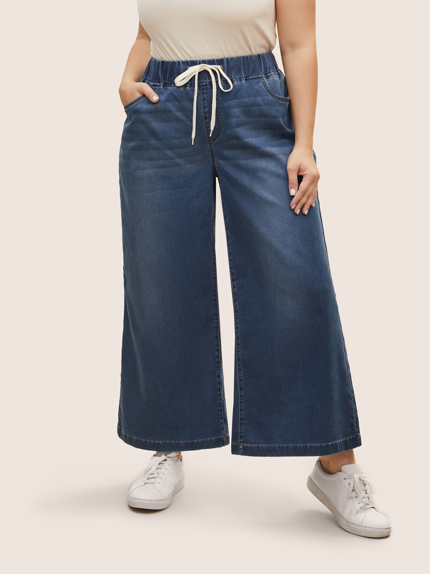

Plus Size Dark Wash Drawstring Wide Leg Jeans Women Denimblue Casual Drawstring High stretch Slanted pocket Jeans BloomChic