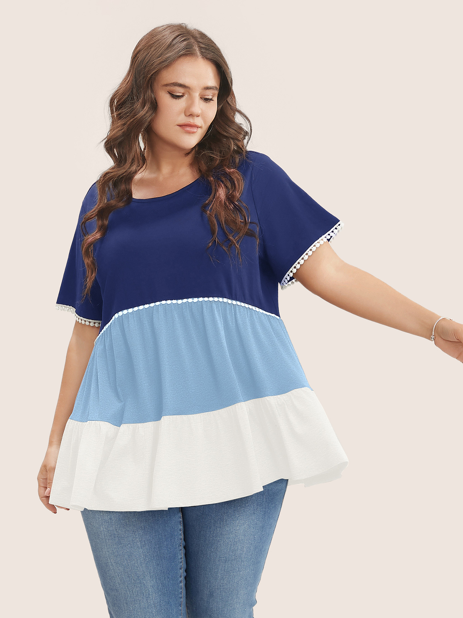 

Plus Size Colorblock Contrast Ruffle Tiered T-shirt DarkBlue Women Casual Tiered Colorblock Round Neck Everyday T-shirts BloomChic
