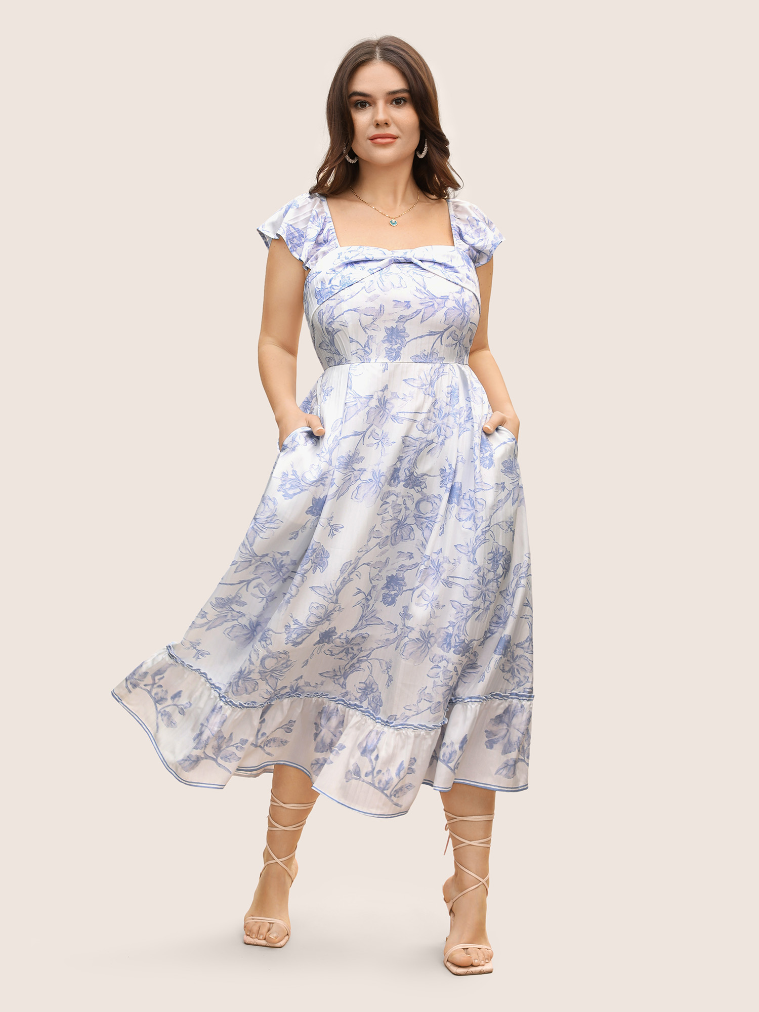 

Plus Size Square Neck Floral Twist Ruffle Cap Sleeve Dress Originalwhite Women Elegant Twist Square Neck Cap Sleeve Curvy BloomChic