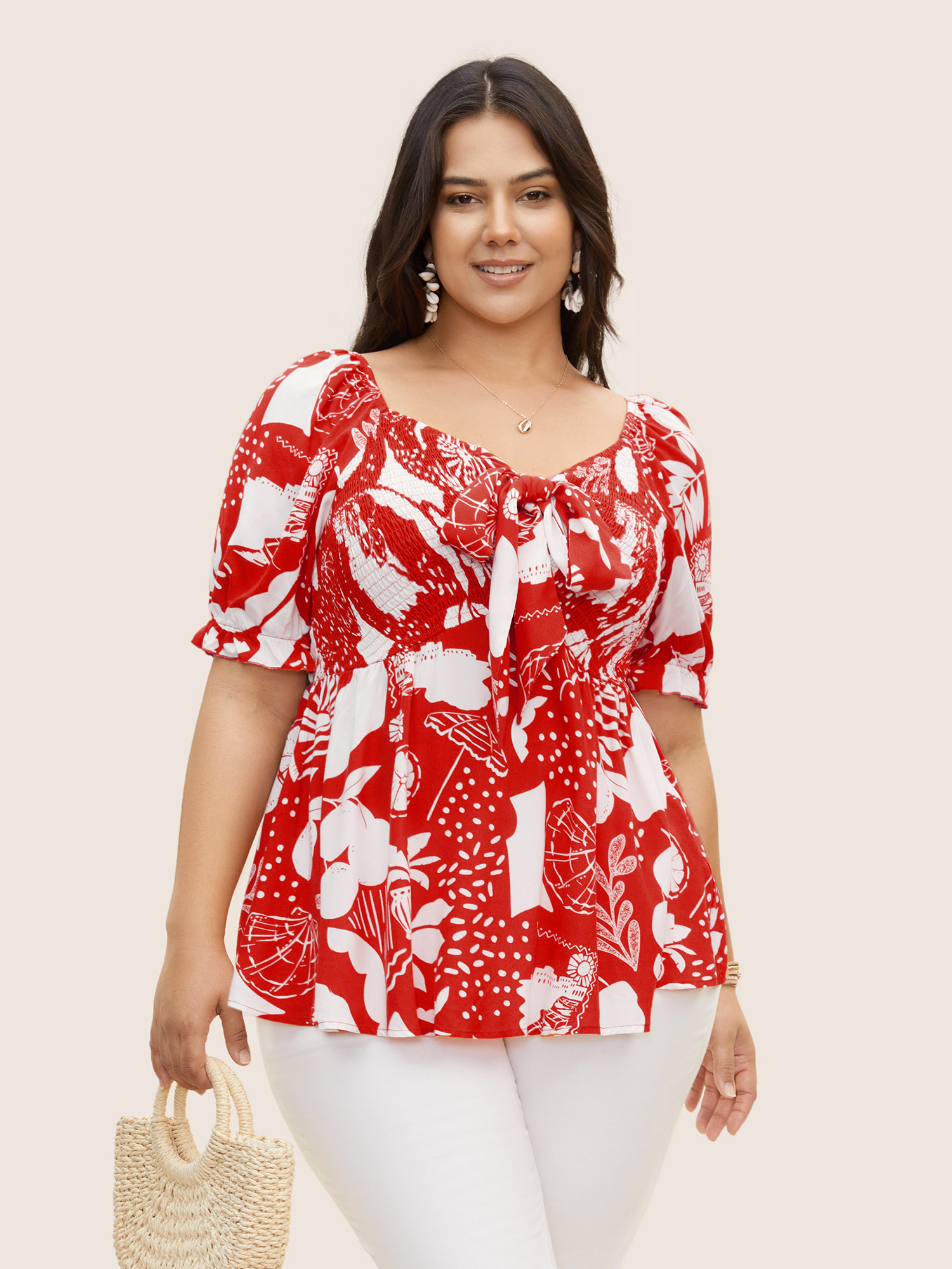 

Plus Size Crimson Tropical Print Bowknot Shirred Lantern Sleeve Blouse Women Resort Short sleeve V-neck Vacation Blouses BloomChic