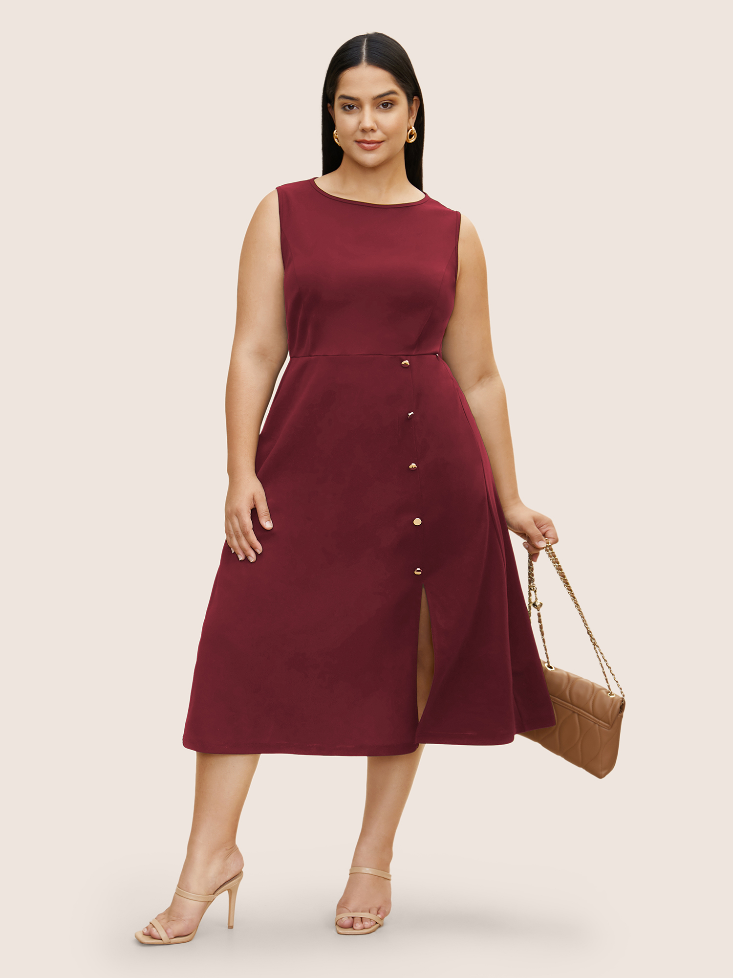 

Plus Size Solid Metal Detail Split Hem Sleeveless Dress Scarlet Women Button Round Neck Sleeveless Curvy BloomChic