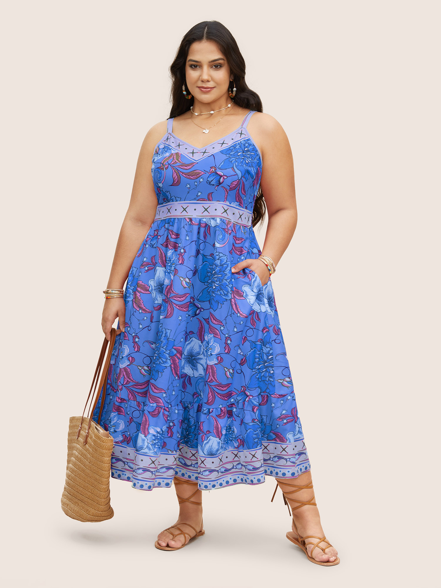 

Plus Size Floral Print Elastic Waist Shirred Cami Dress Skyblue Women Non V-neck Sleeveless Curvy BloomChic
