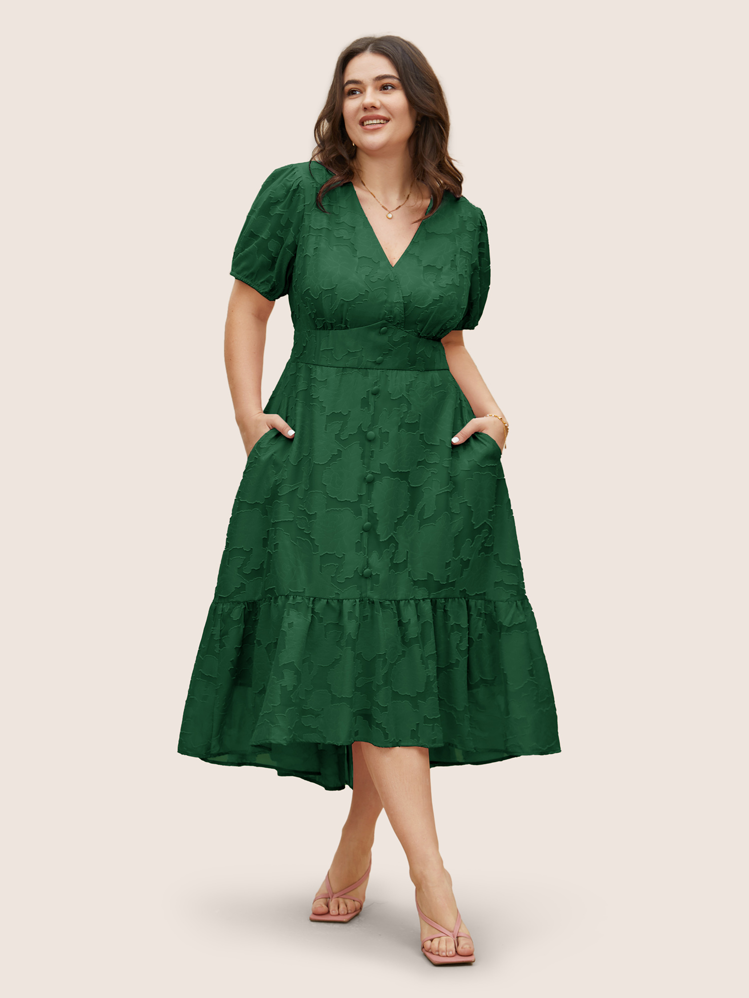 

Plus Size Solid Textured Lantern Sleeve Button Detail Dress Emerald Women Button V-neck Short sleeve Curvy BloomChic
