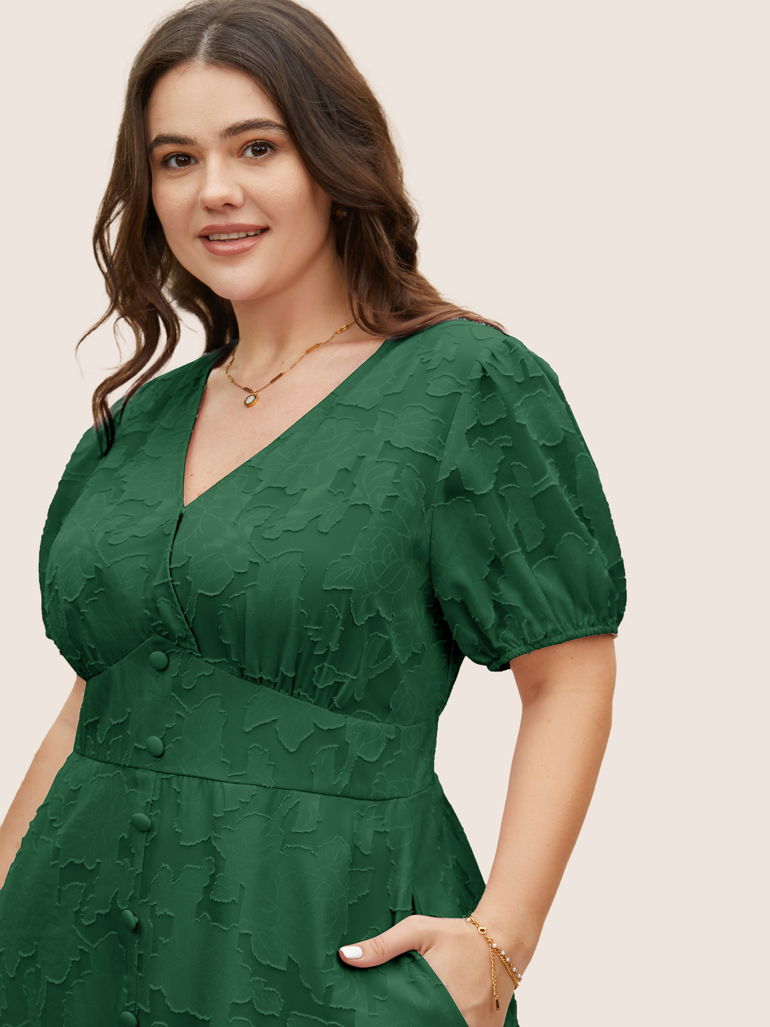 

Plus Size Solid Textured Lantern Sleeve Button Detail Dress Emerald Women Elegant Button V-neck Short sleeve Curvy BloomChic