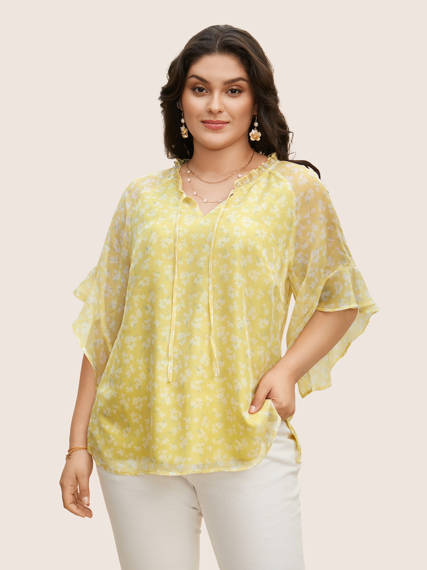 

Plus Size YellowGreen Floral Tie Knot Flutters Bell Sleeve Blouse Women Elegant Half Sleeve V-neck Everyday Blouses BloomChic