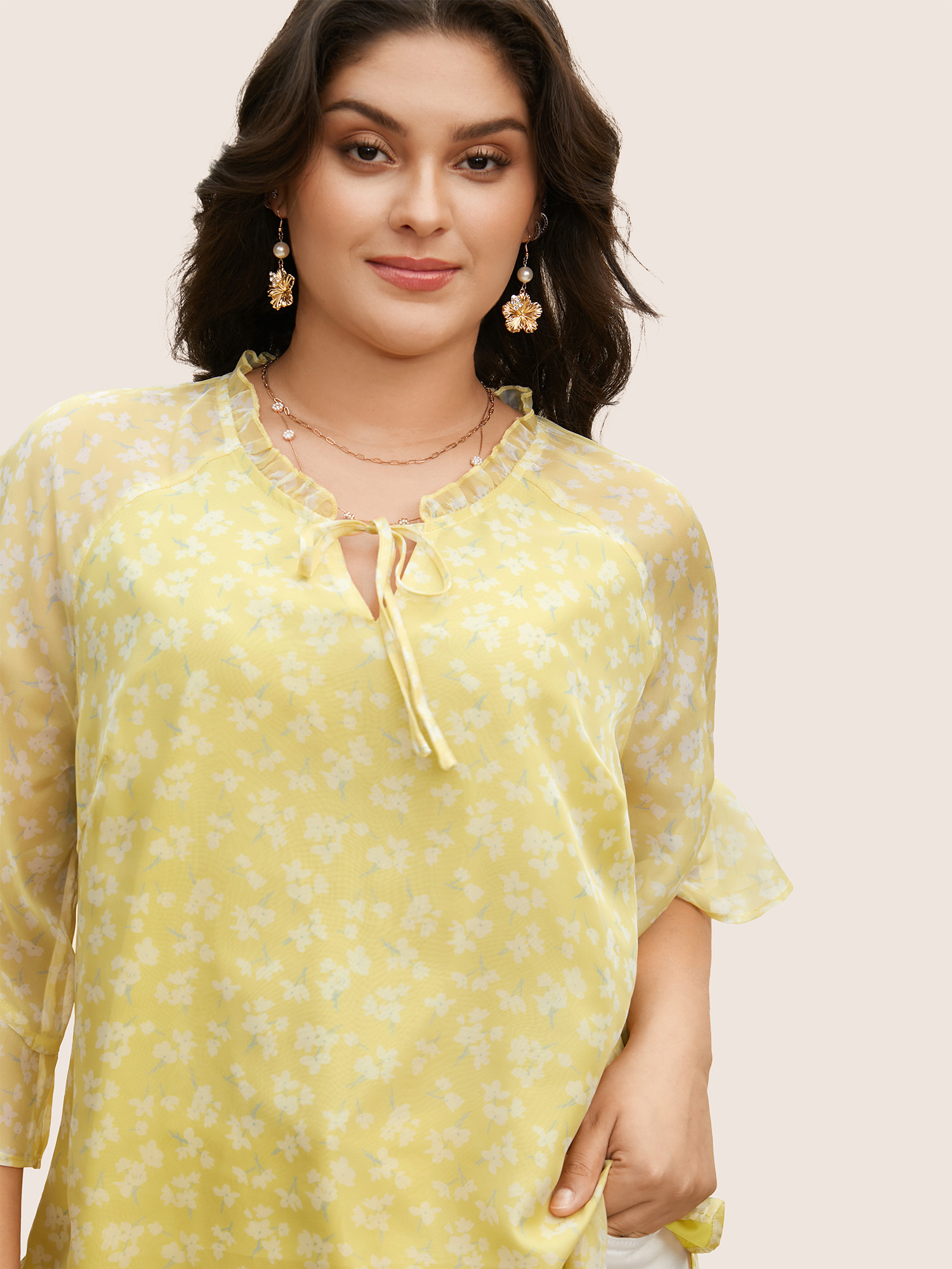 

Plus Size YellowGreen Floral Tie Knot Flutters Bell Sleeve Blouse Women Elegant Half Sleeve V-neck Everyday Blouses BloomChic