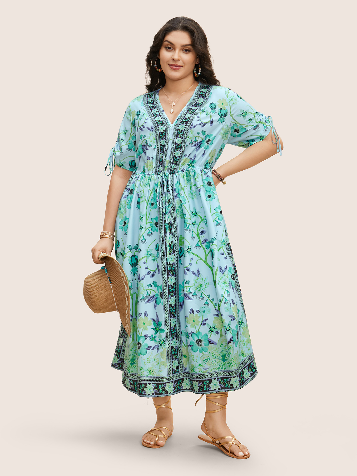 

Plus Size Boho Print V Neck Drawstring Dress Aquamarine Women Deep V-neck Half Sleeve Curvy BloomChic