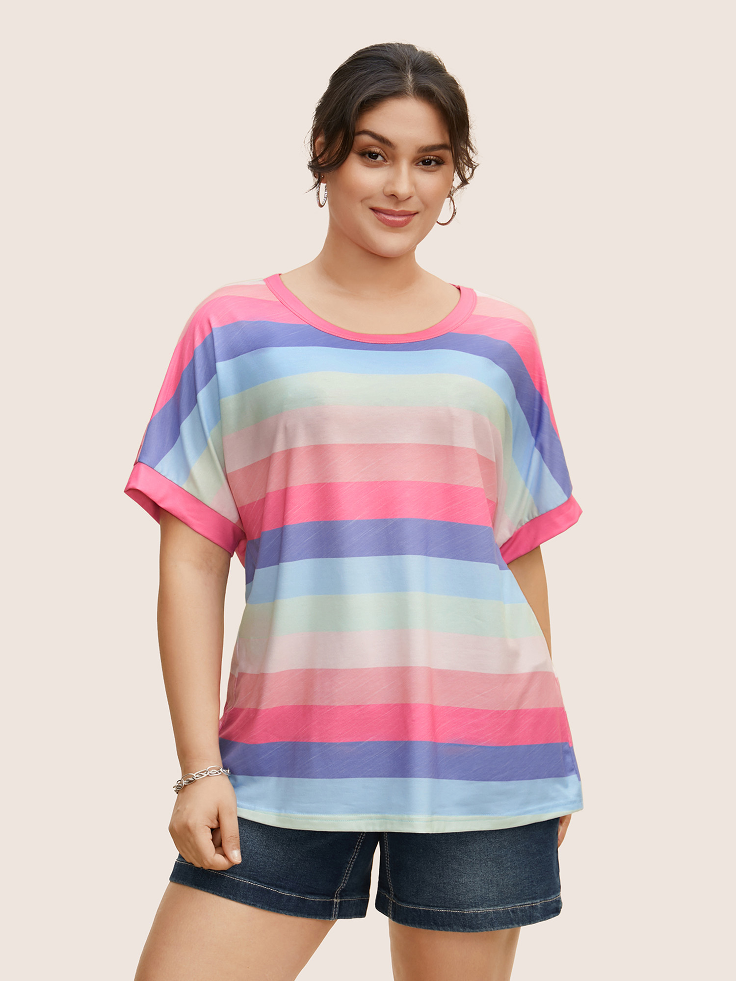 

Plus Size Colored Striped Crew Neck Batwing Sleeve T-shirt Crepe Women Casual Contrast Round Neck Everyday T-shirts BloomChic