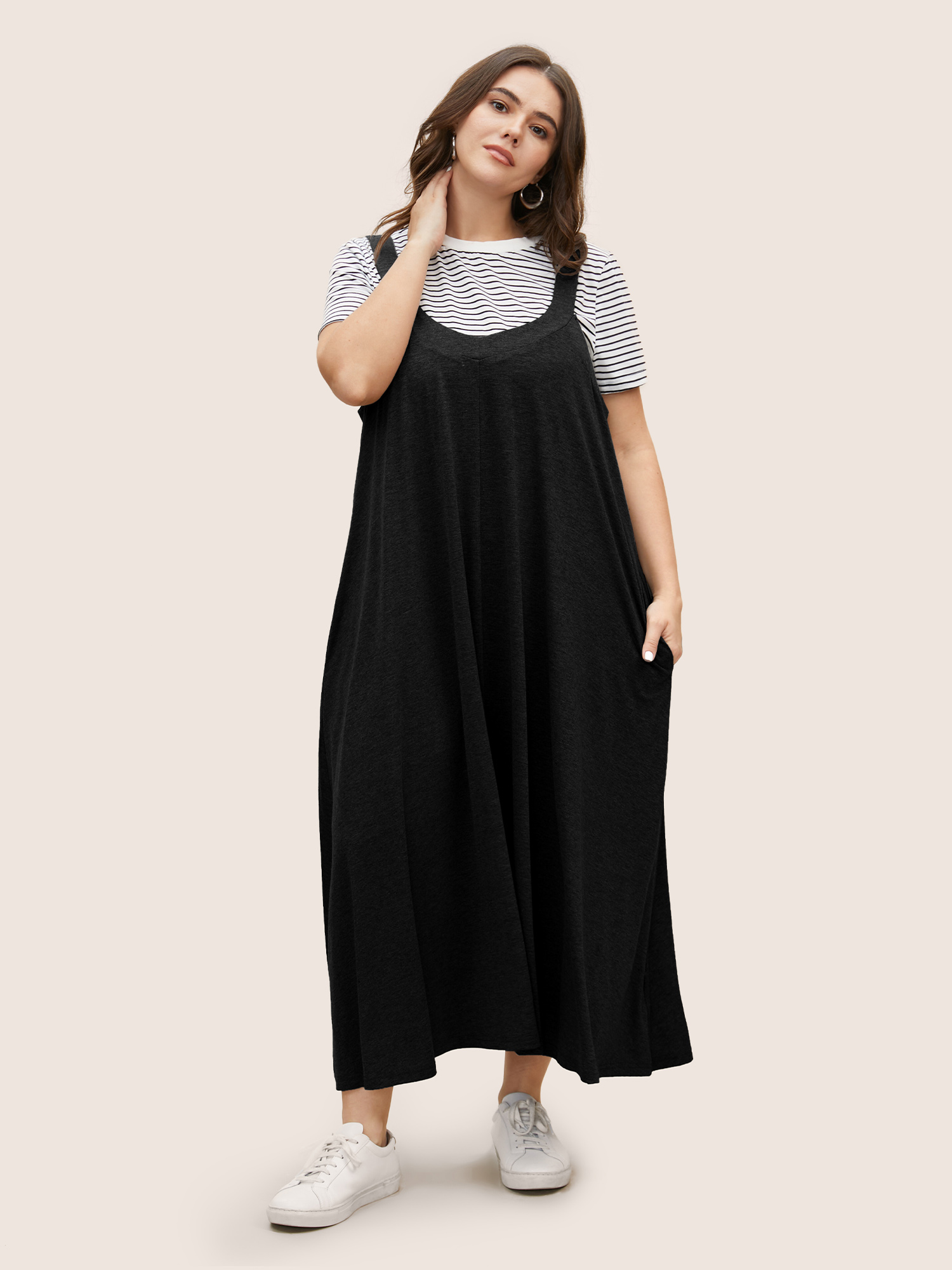

Plus Size Supersoft Essentials Plain Adjustable Straps Dress Black Women Non Sleeveless Curvy BloomChic