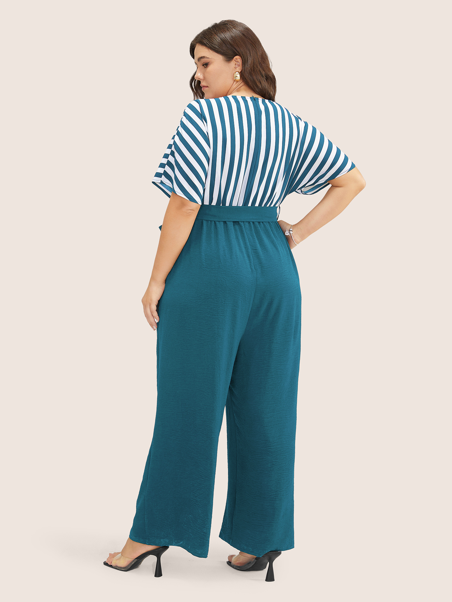 

Plus Size Mediumblue Striped Patchwork Pocket Batwing Sleeve Belted Wrap Jumpsuit Women At the Office Short sleeve Overlap Collar Work Loose Jumpsuits BloomChic