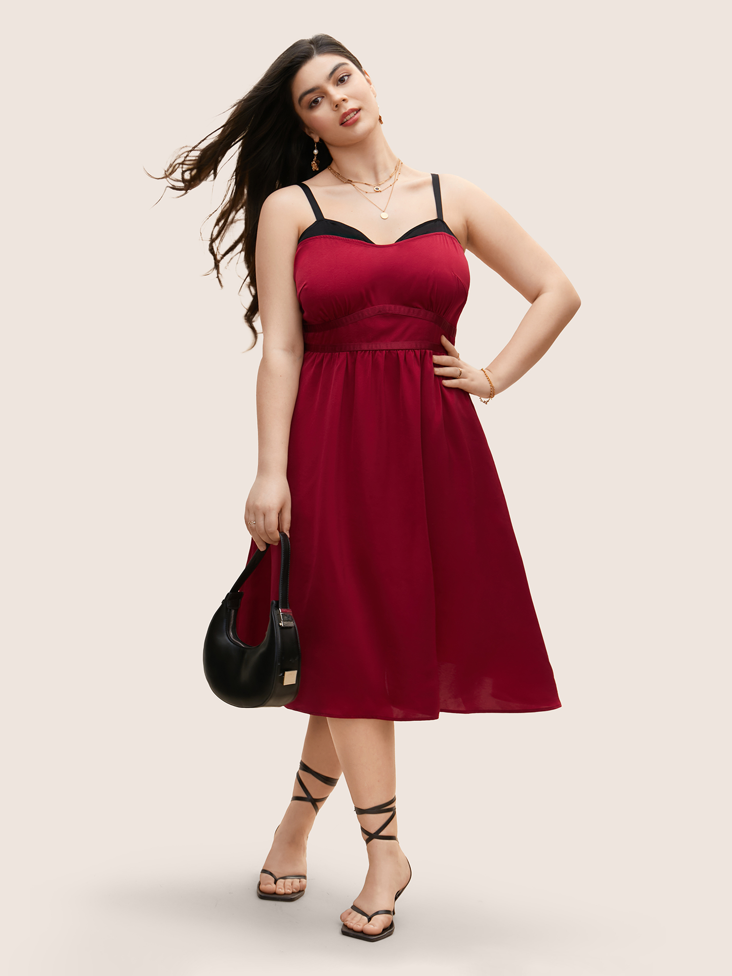 

Plus Size Contrast Patchwork Elastic Waist Cami Dress Scarlet Women V-neck Sleeveless Curvy BloomChic