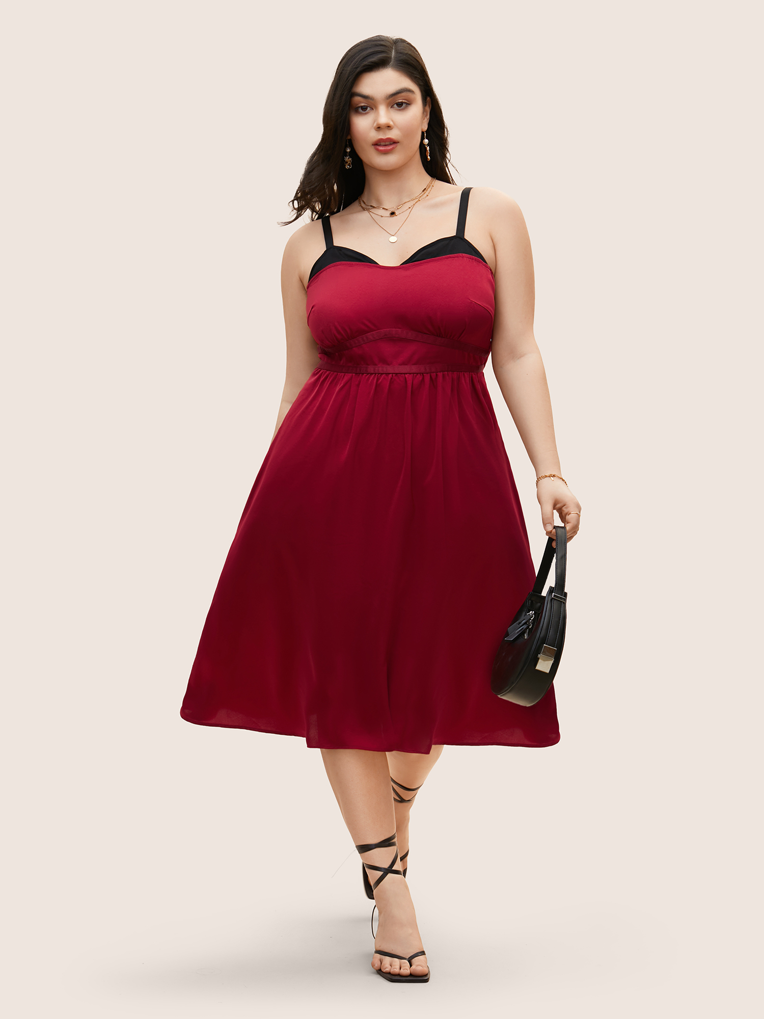 

Plus Size Contrast Patchwork Elastic Waist Cami Dress Scarlet Women Cocktail V-neck Sleeveless Curvy BloomChic