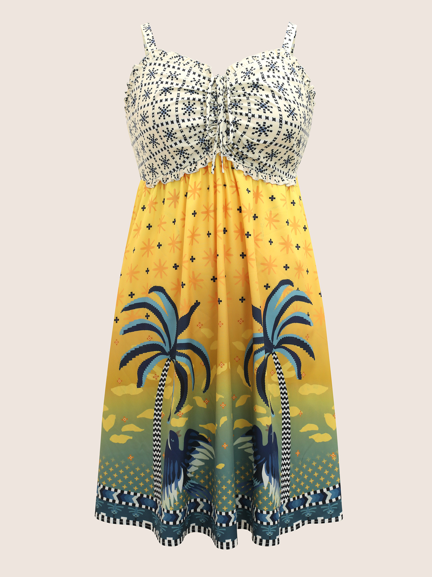 

Plus Size Tropical Print Drawstring Frill Trim Dress Lightorange Women Frill Trim Heart neckline Sleeveless Curvy BloomChic