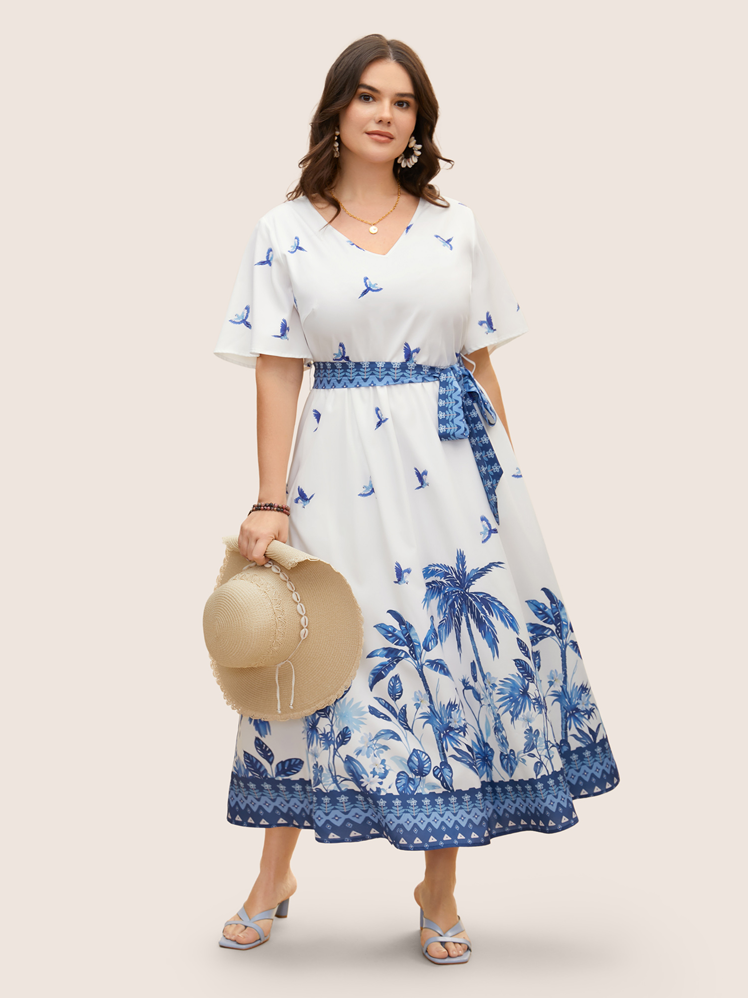 

Plus Size V Neck Tropical Print Ruffle Sleeve Maxi Dress Mediumblue Women Tie knot V-neck Short sleeve Curvy BloomChic