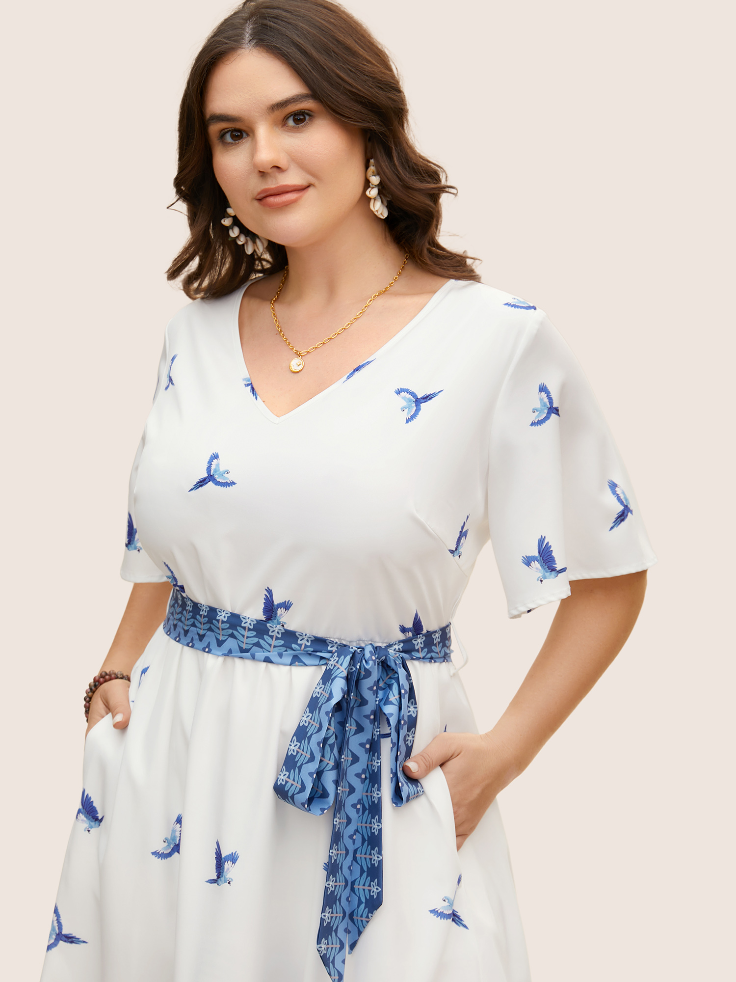 Plus Size V Neck Tropical Print Ruffle Sleeve Maxi Dress Mediumblue Women Resort Tie knot V-neck Short sleeve Curvy BloomChic 14-16/1X 