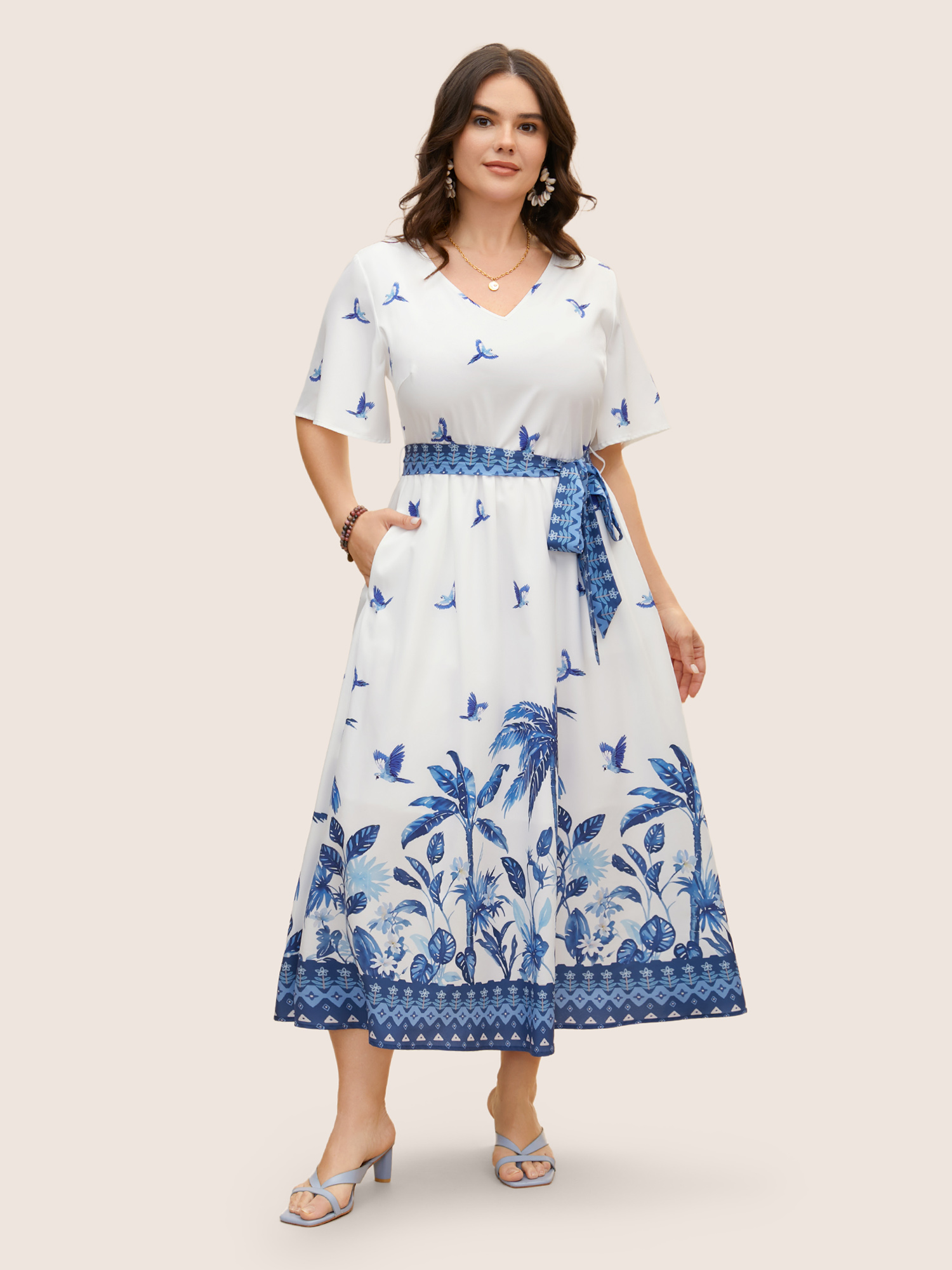 Plus Size V Neck Tropical Print Ruffle Sleeve Maxi Dress Mediumblue Women Resort Tie knot V-neck Short sleeve Curvy BloomChic 14-16/1X 