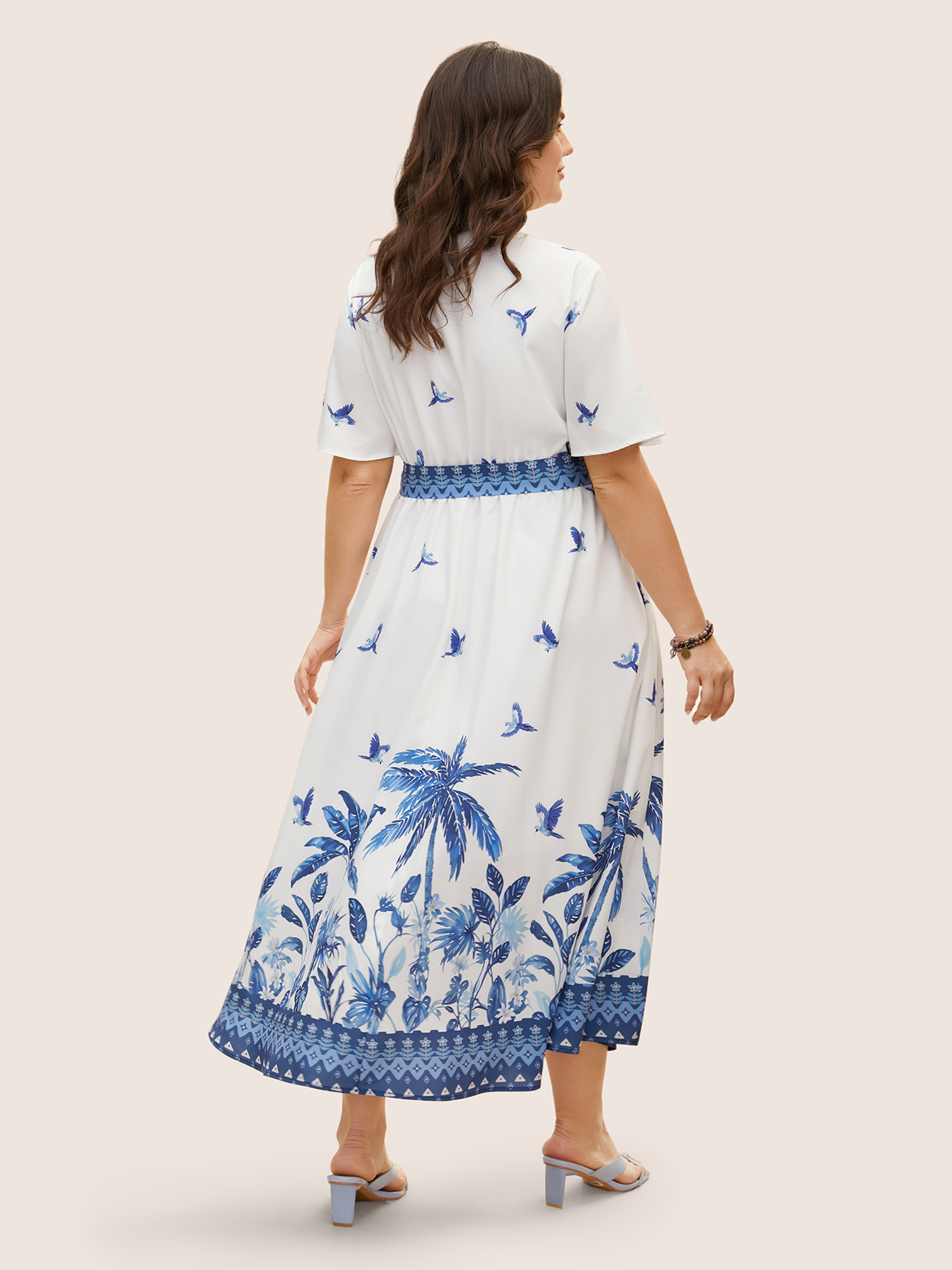Plus Size V Neck Tropical Print Ruffle Sleeve Maxi Dress Mediumblue Women Resort Tie knot V-neck Short sleeve Curvy BloomChic 14-16/1X 
