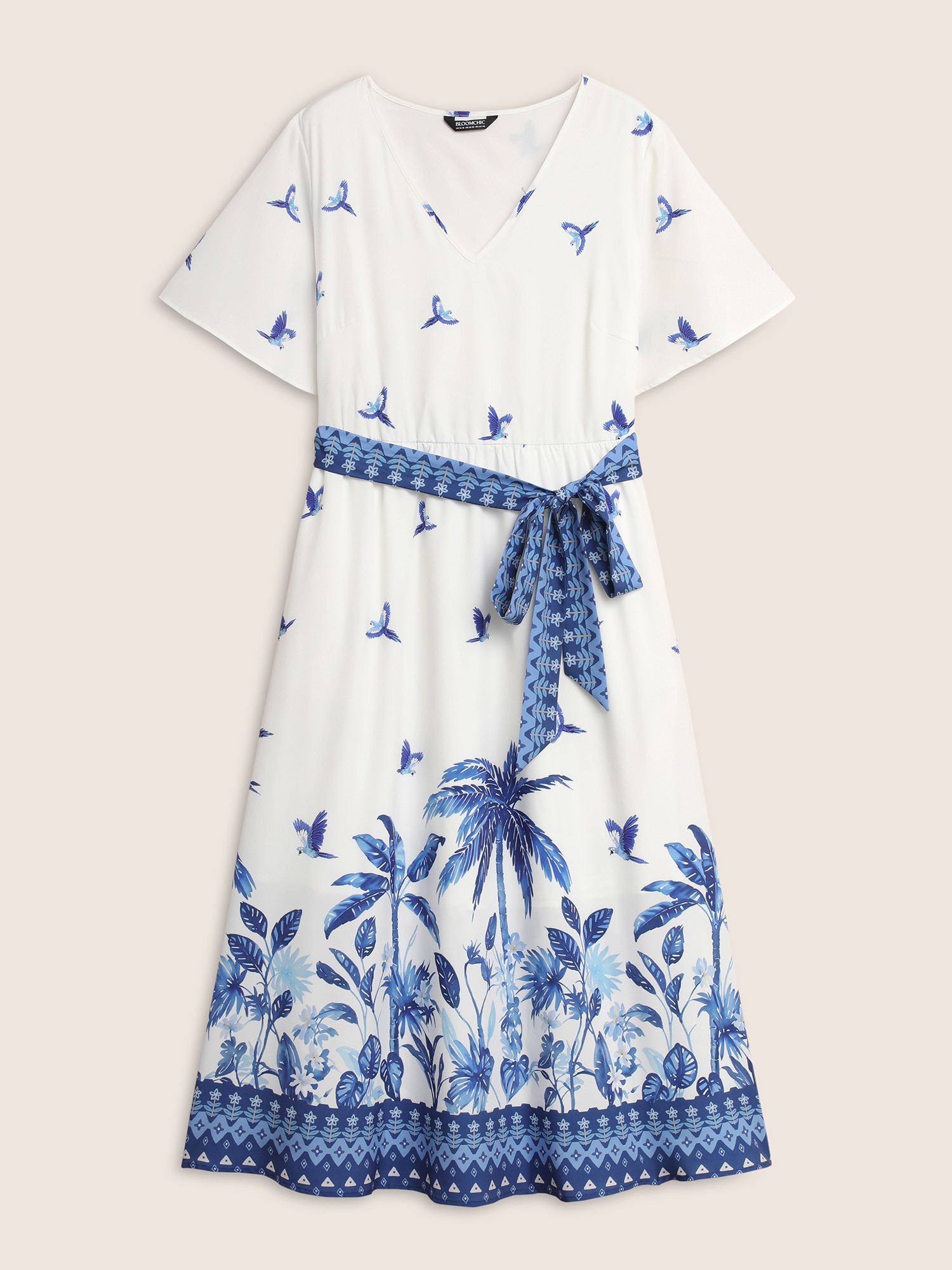 Plus Size V Neck Tropical Print Ruffle Sleeve Maxi Dress Mediumblue Women Resort Tie knot V-neck Short sleeve Curvy BloomChic 14-16/1X 