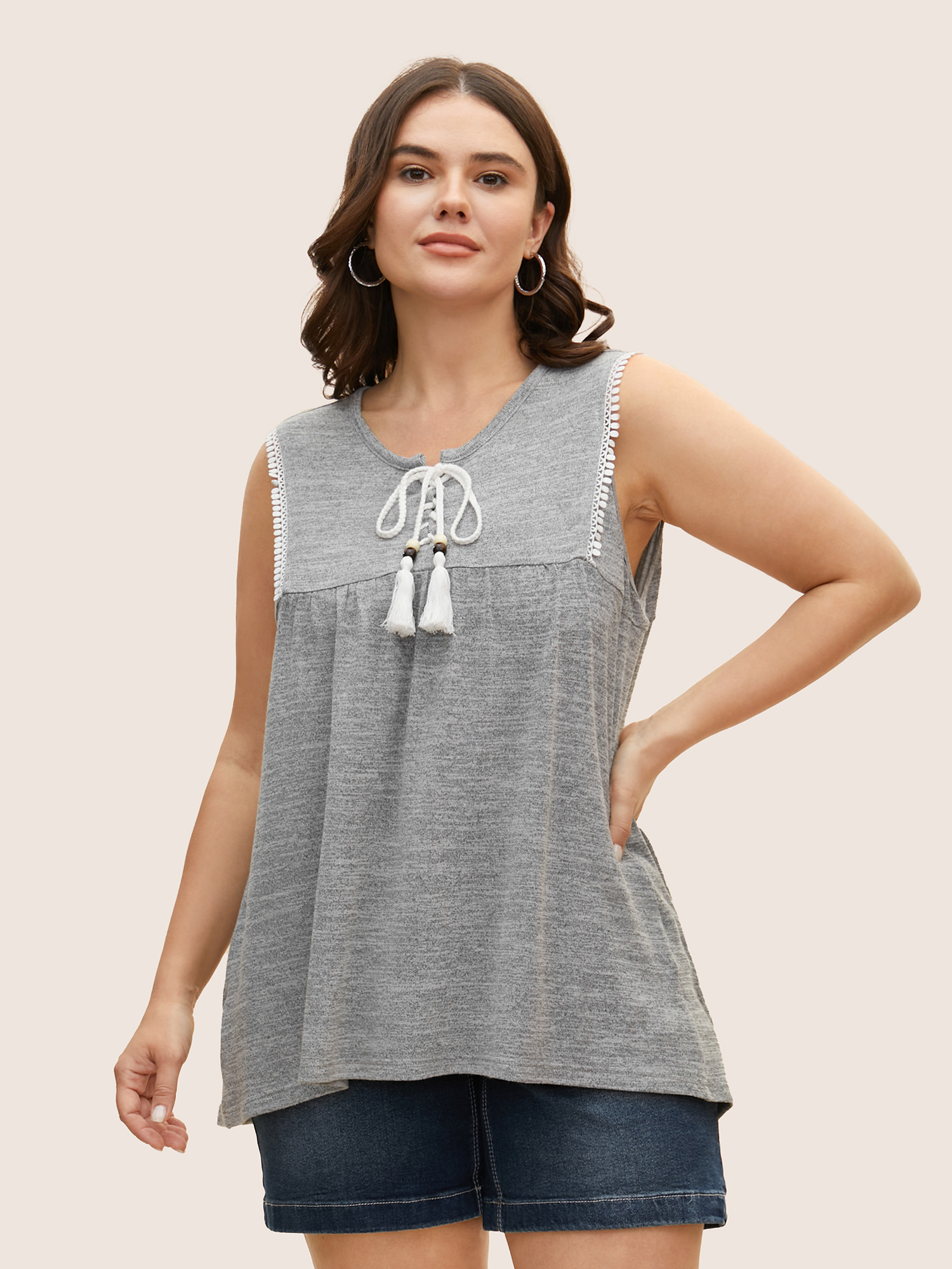 

Plus Size Textured Lace Up Tassel Pompom Trim Tank Top Women DimGray Resort Woven ribbon&lace trim Round Neck Vacation Tank Tops Camis BloomChic