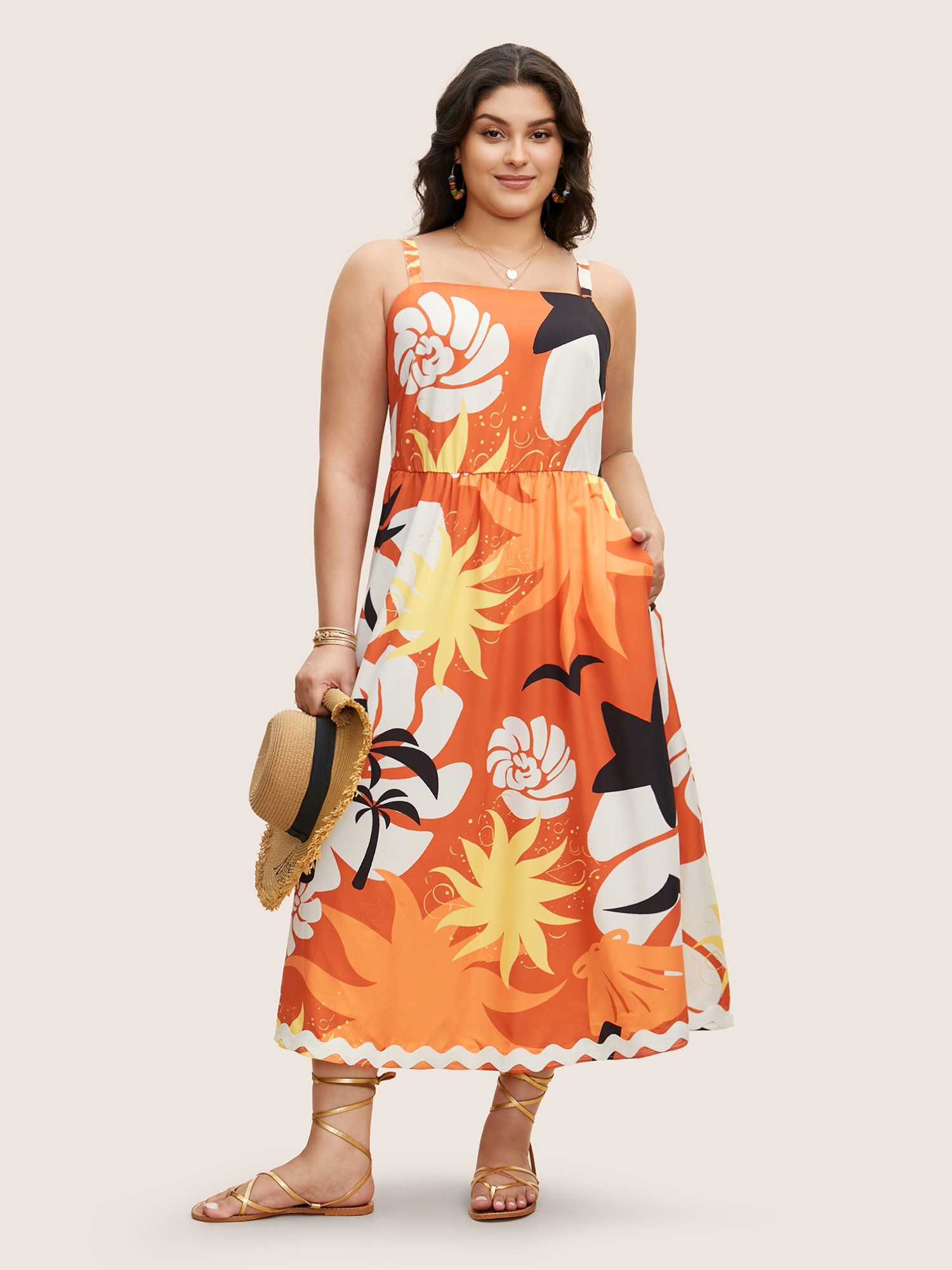 

Plus Size Tropical Print Square Neck Maxi Dress Brightorange Women Non Square Neck Sleeveless Curvy BloomChic