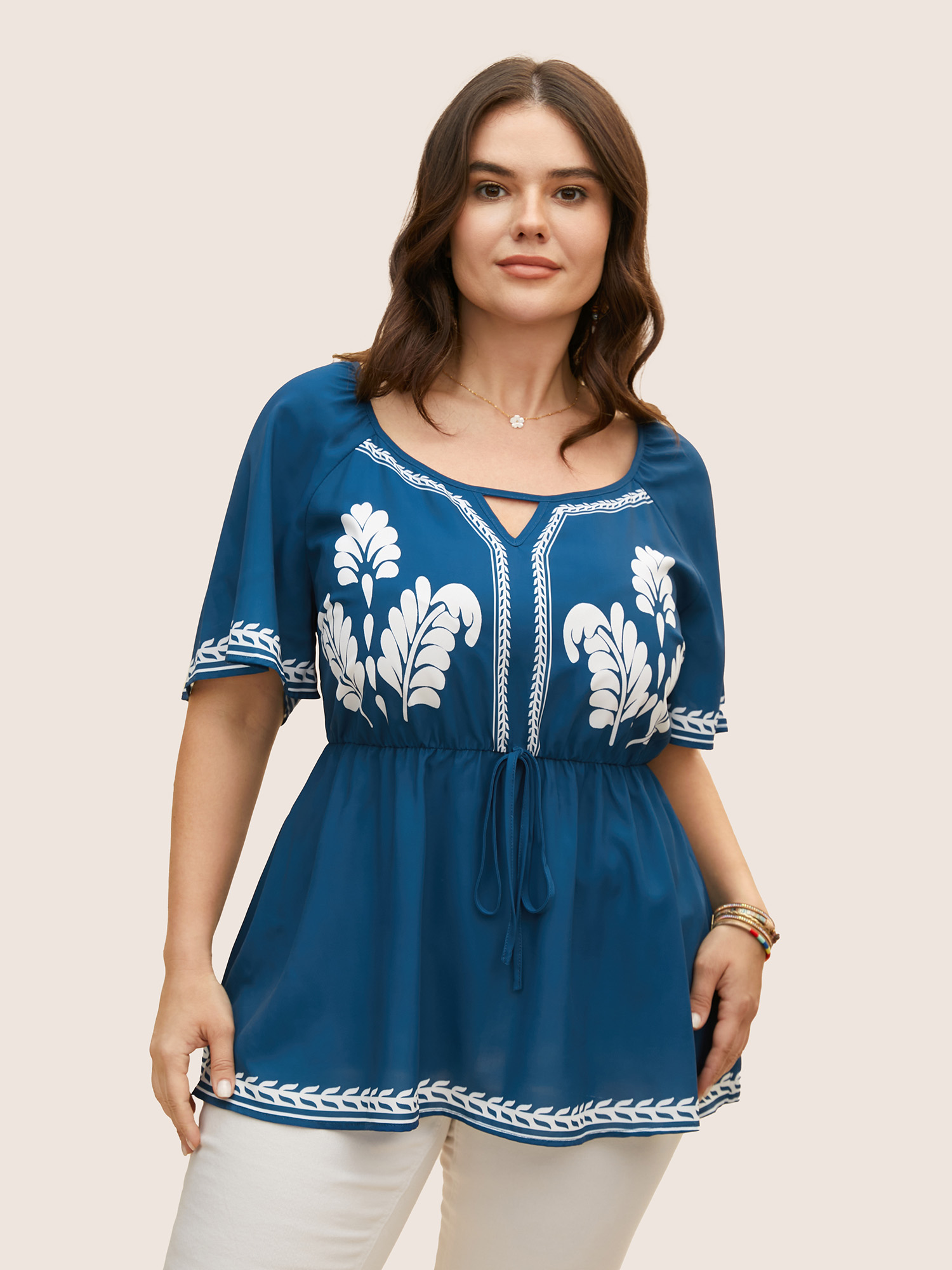 

Plus Size Emerald Boho Print Keyhole Tie Knot Blouse Women Resort Short sleeve Notched collar Vacation Blouses BloomChic